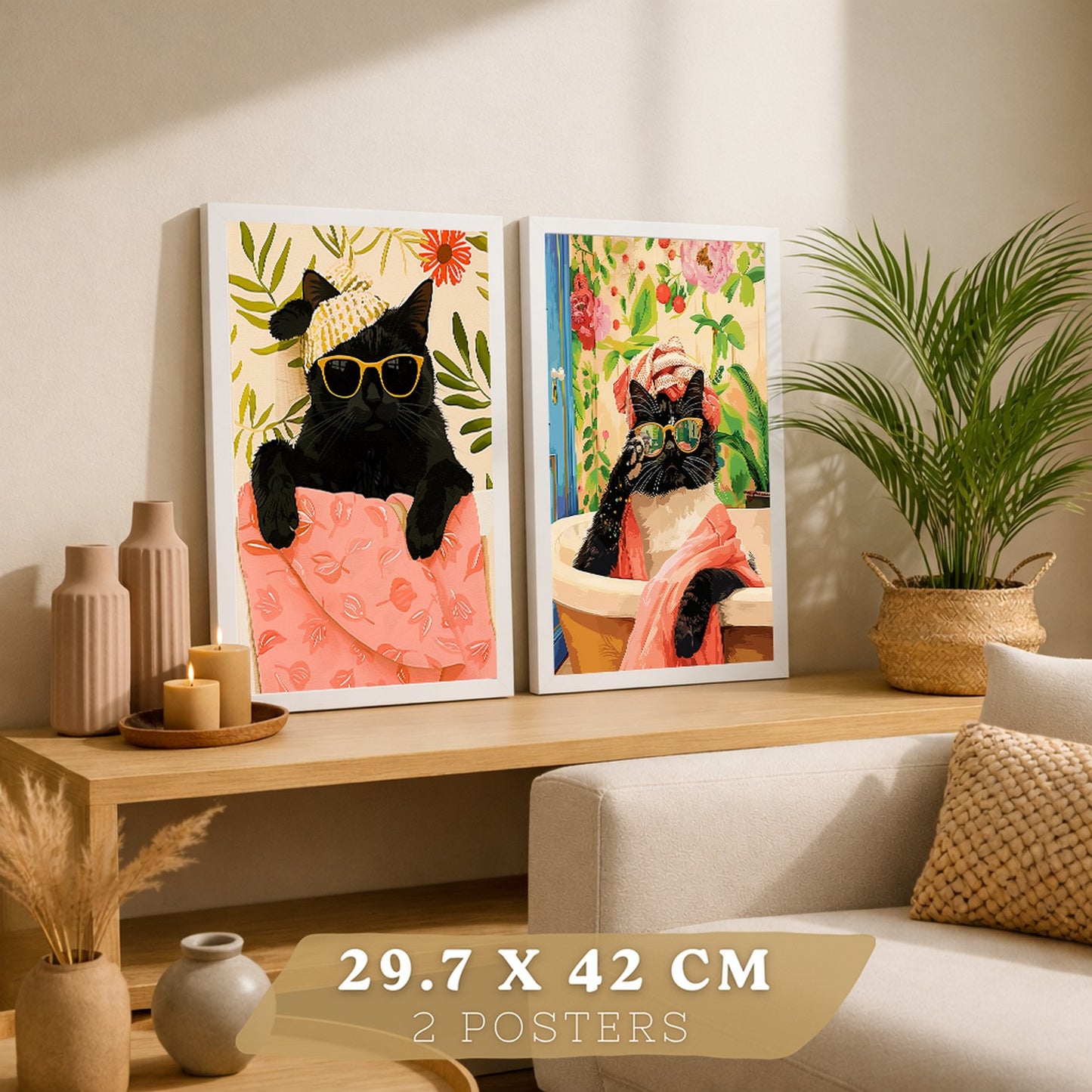 Set de 2 laminas decorativas Gatos Baño Spa Cuadros Salon modernos - Posters decorativos gatos negros Decoración Dormitorios Cocina Baño