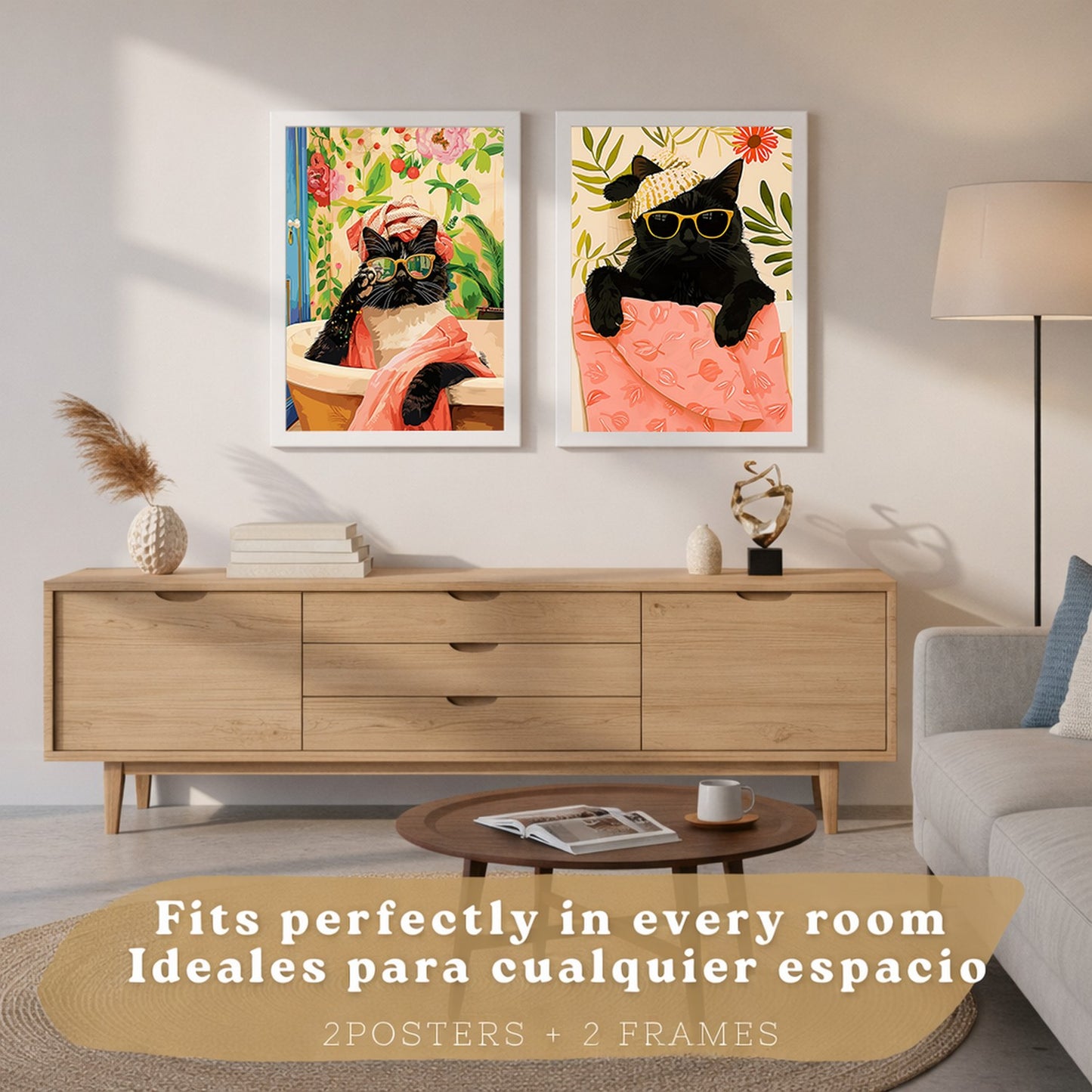 Set de 2 laminas decorativas Gatos Baño Spa Cuadros Salon modernos - Posters decorativos gatos negros Decoración Dormitorios Cocina Baño