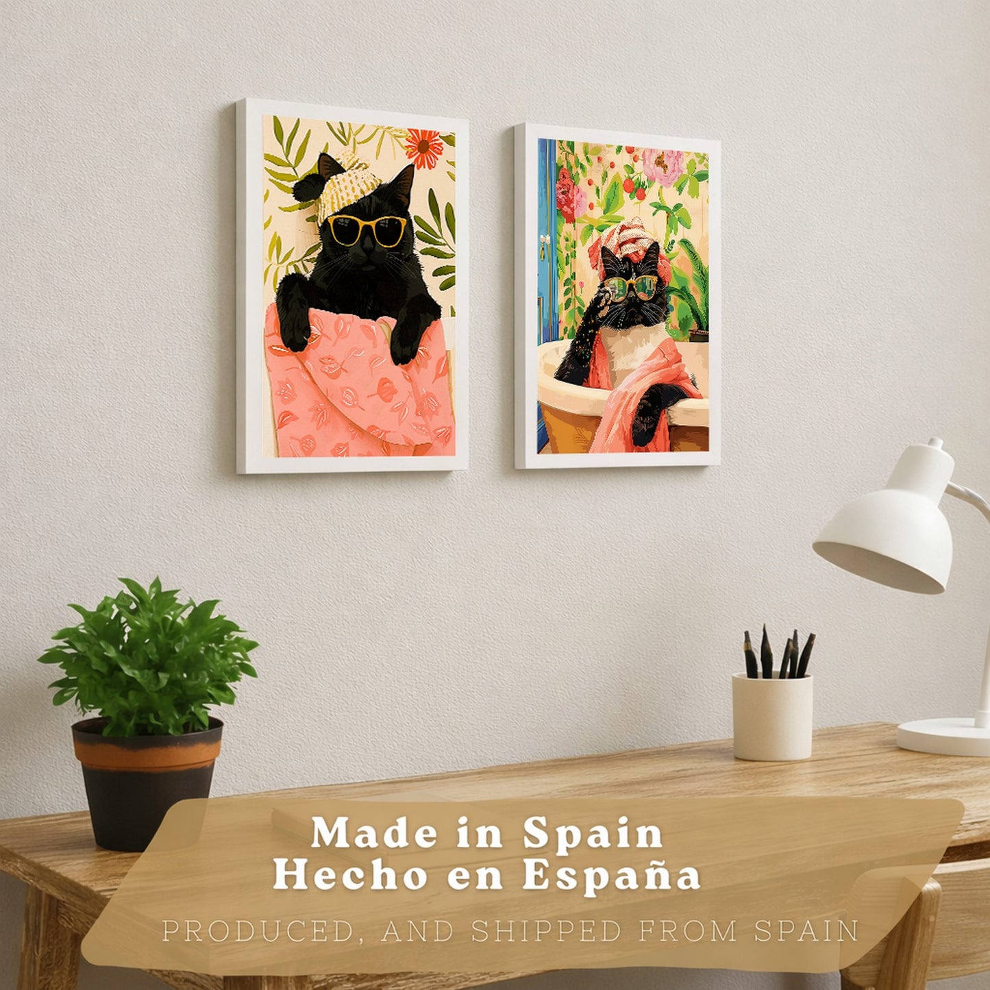 Set de 2 laminas decorativas Gatos Baño Spa Cuadros Salon modernos - Posters decorativos gatos negros Decoración Dormitorios Cocina Baño