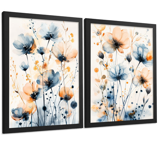 Set de 2 laminas Flor botanico Azul naranja. Arte de Pared Botánico Boho Minimalista Posters florales para Dormitorio Sala de Estar Cocina