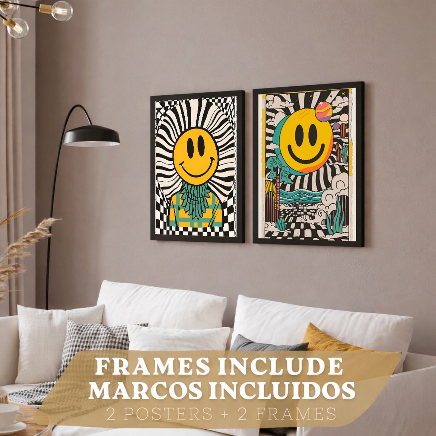 Set de 4 laminas decorativas Smiley Cuadros Salon modernos - Posters decorativos Emoji sonrisa Decoración Dormitorios Cocina Baño