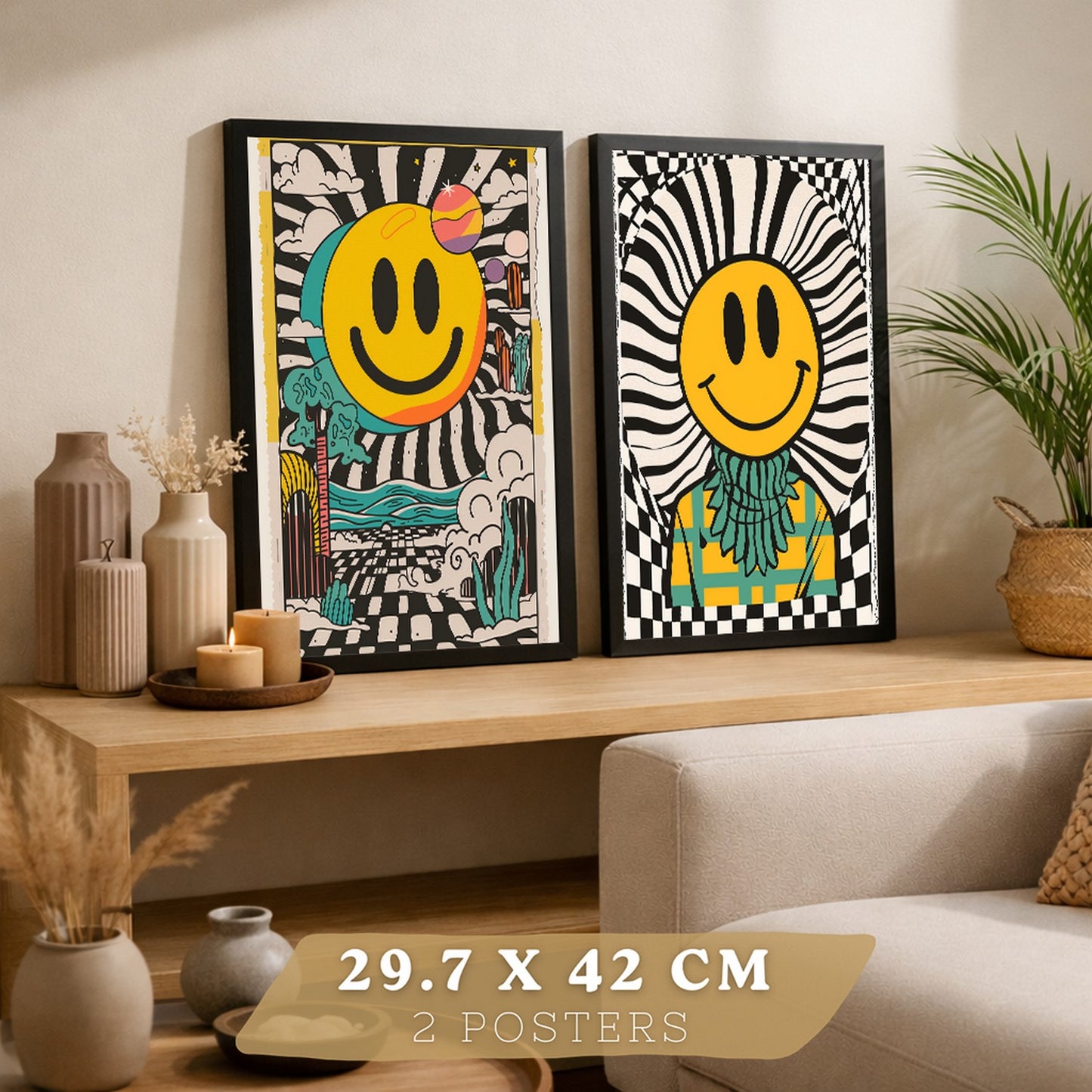 Set de 4 laminas decorativas Smiley Cuadros Salon modernos - Posters decorativos Emoji sonrisa Decoración Dormitorios Cocina Baño