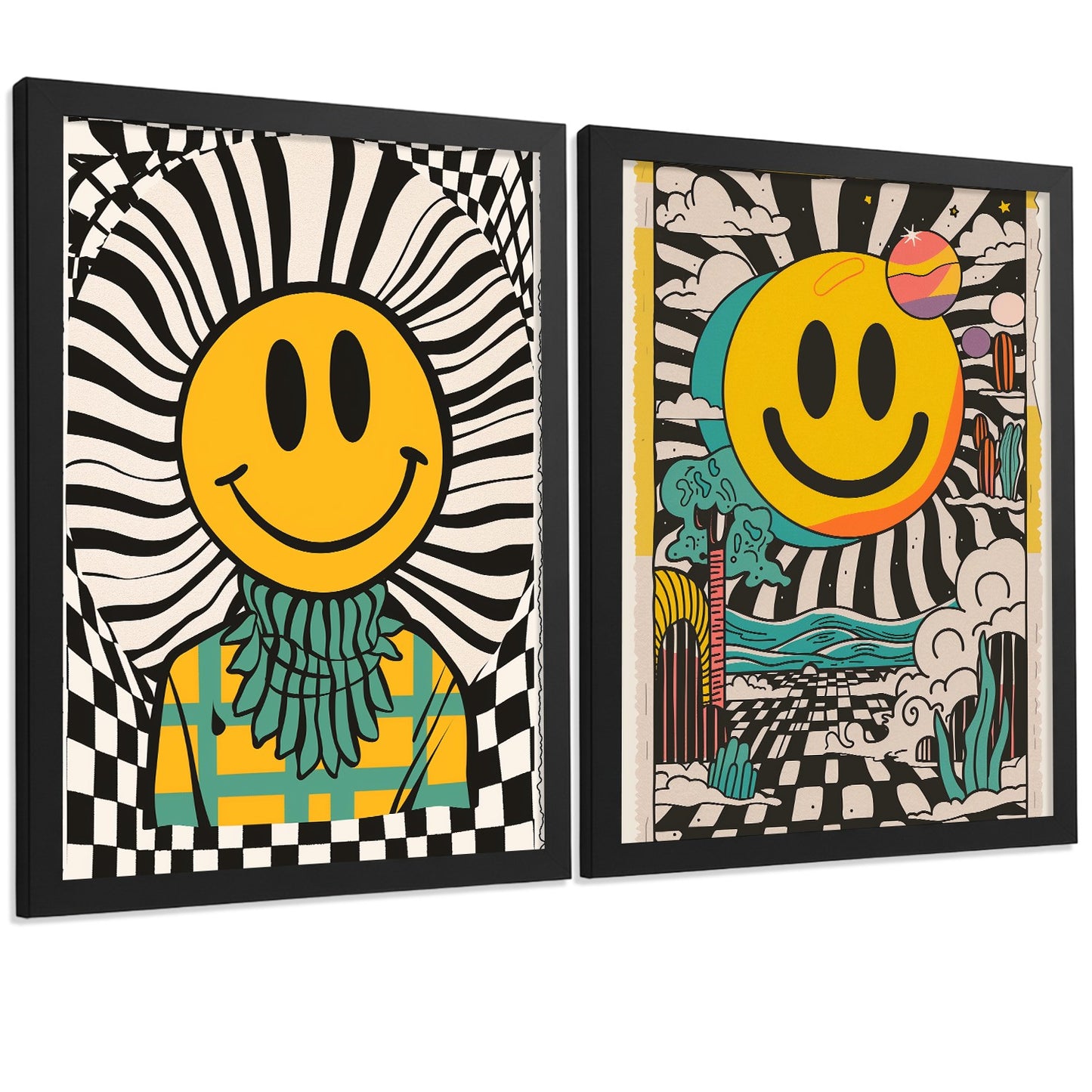 Set de 4 laminas decorativas Smiley Cuadros Salon modernos - Posters decorativos Emoji sonrisa Decoración Dormitorios Cocina Baño