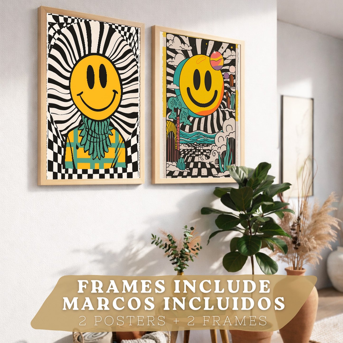 Set de 4 laminas decorativas Smiley Cuadros Salon modernos - Posters decorativos Emoji sonrisa Decoración Dormitorios Cocina Baño