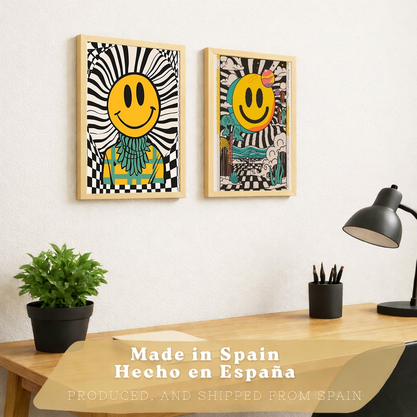 Set de 4 laminas decorativas Smiley Cuadros Salon modernos - Posters decorativos Emoji sonrisa Decoración Dormitorios Cocina Baño