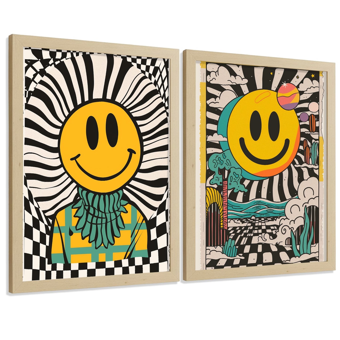 Set de 4 laminas decorativas Smiley Cuadros Salon modernos - Posters decorativos Emoji sonrisa Decoración Dormitorios Cocina Baño