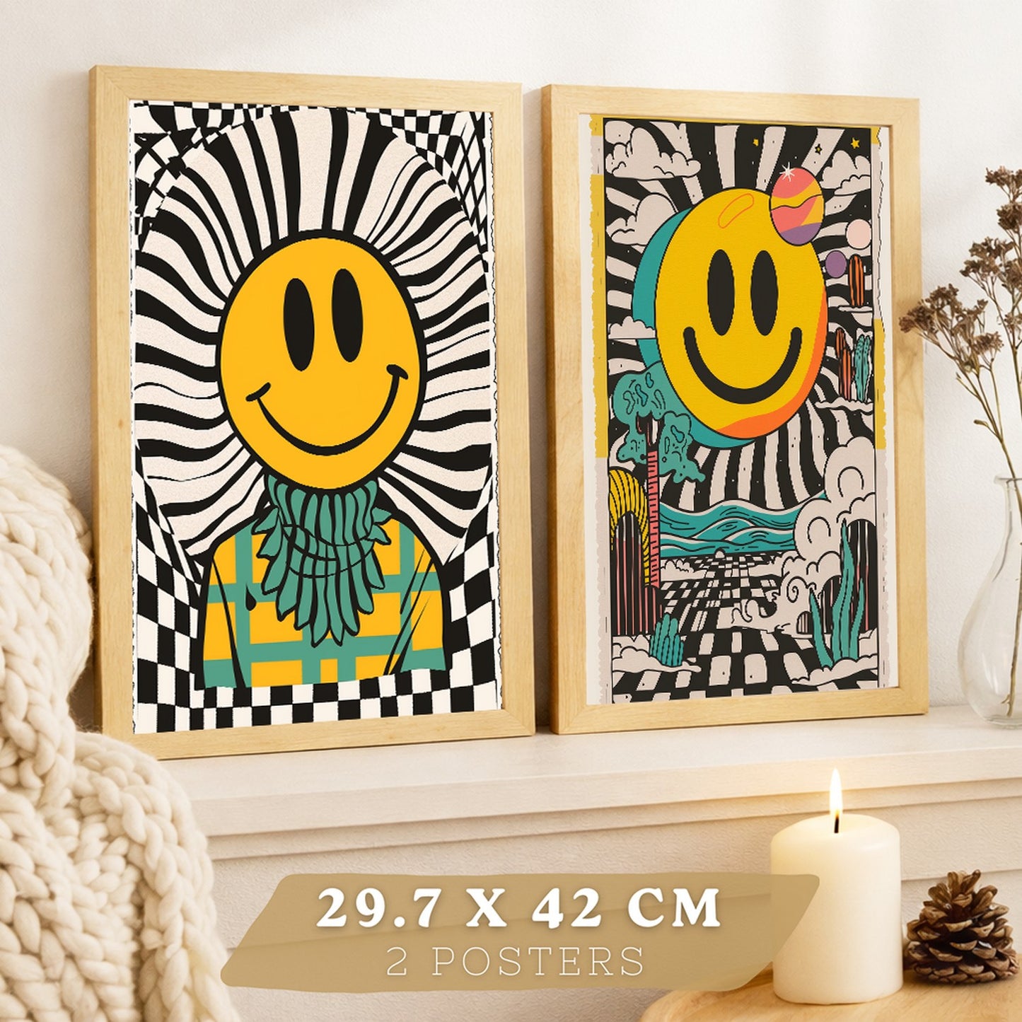 Set de 4 laminas decorativas Smiley Cuadros Salon modernos - Posters decorativos Emoji sonrisa Decoración Dormitorios Cocina Baño
