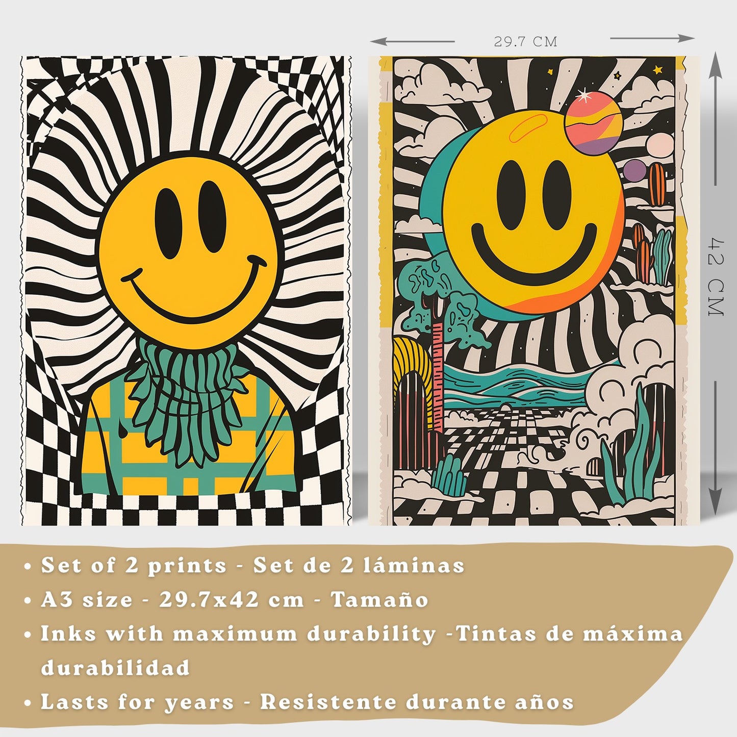 Set de 4 laminas decorativas Smiley Cuadros Salon modernos - Posters decorativos Emoji sonrisa Decoración Dormitorios Cocina Baño