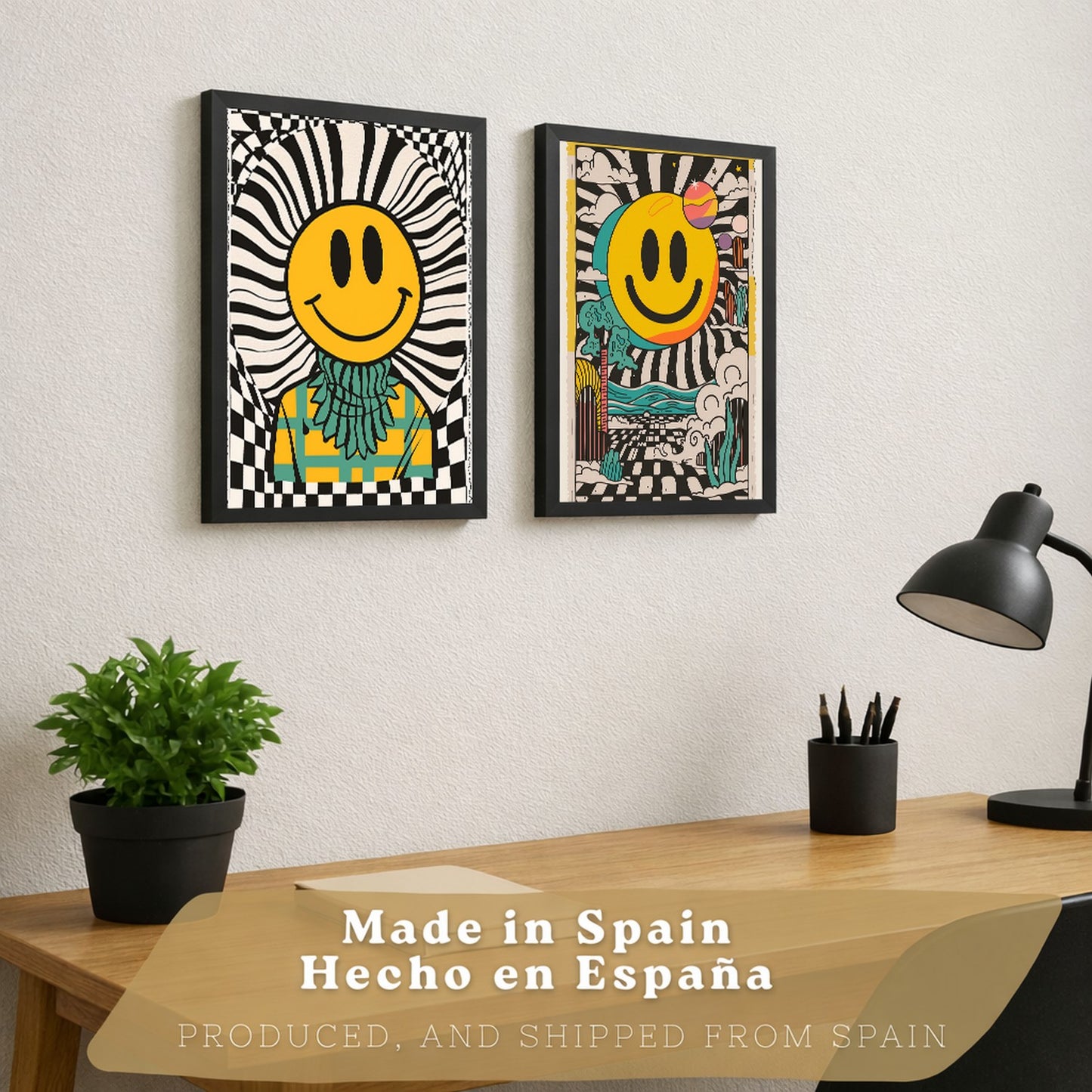 Set de 4 laminas decorativas Smiley Cuadros Salon modernos - Posters decorativos Emoji sonrisa Decoración Dormitorios Cocina Baño