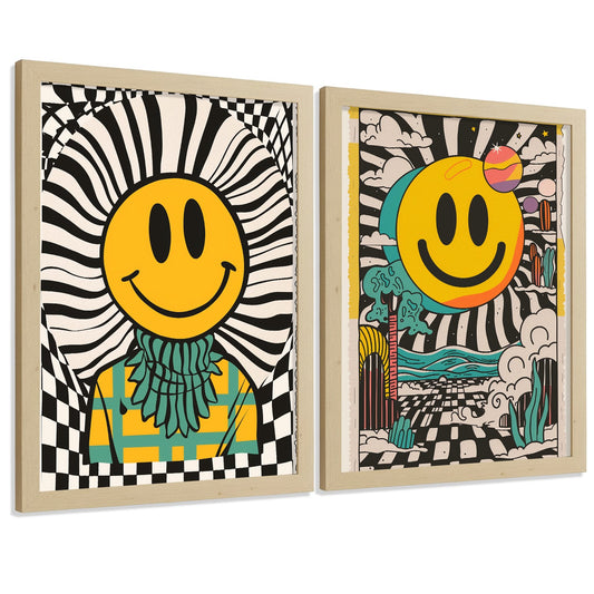 Set de 4 laminas decorativas Smiley Cuadros Salon modernos - Posters decorativos Emoji sonrisa Decoración Dormitorios Cocina Baño