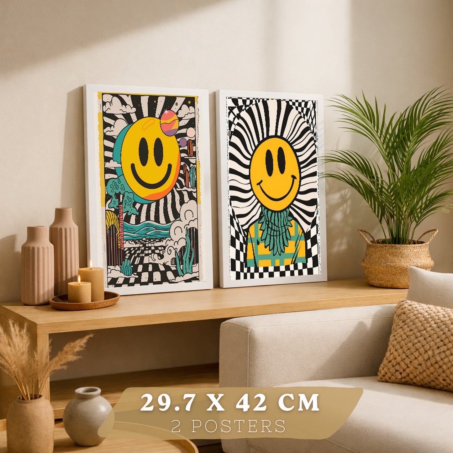Set de 4 laminas decorativas Smiley Cuadros Salon modernos - Posters decorativos Emoji sonrisa Decoración Dormitorios Cocina Baño