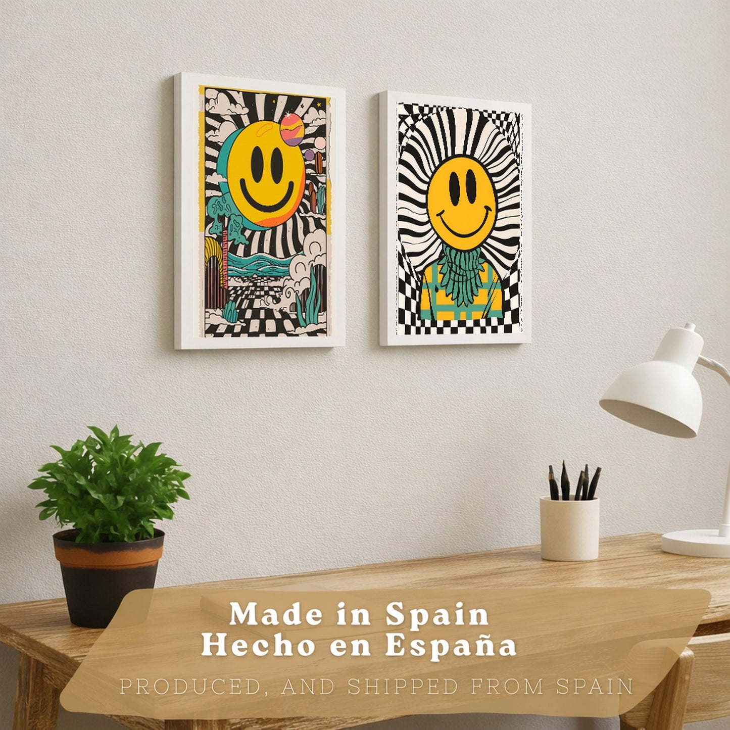 Set de 4 laminas decorativas Smiley Cuadros Salon modernos - Posters decorativos Emoji sonrisa Decoración Dormitorios Cocina Baño