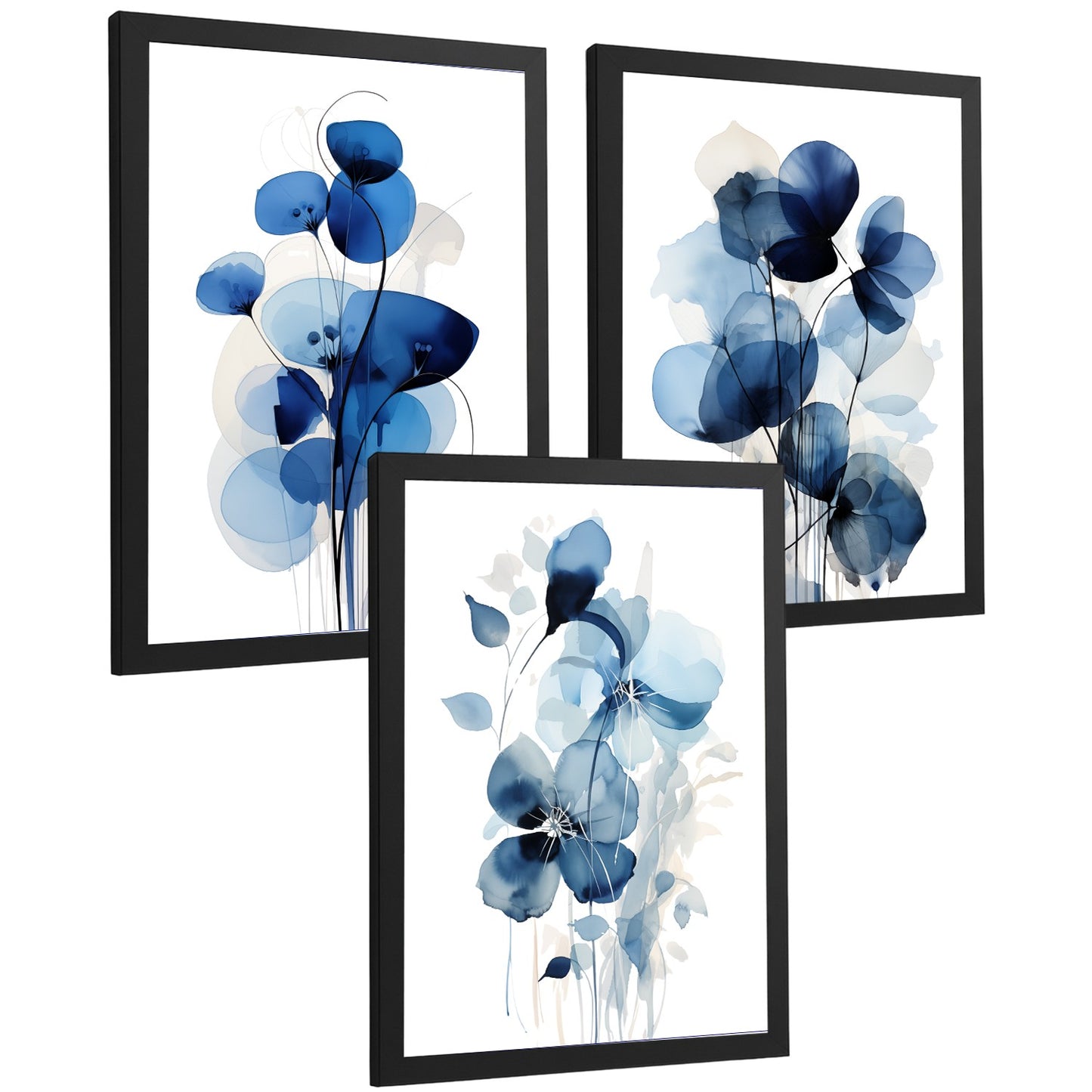 Juego de 3 laminas decorativas flores azules. Cuadros Salon modernos - Posters decorativos Botanico campestre. Decoración Dormitorios.
