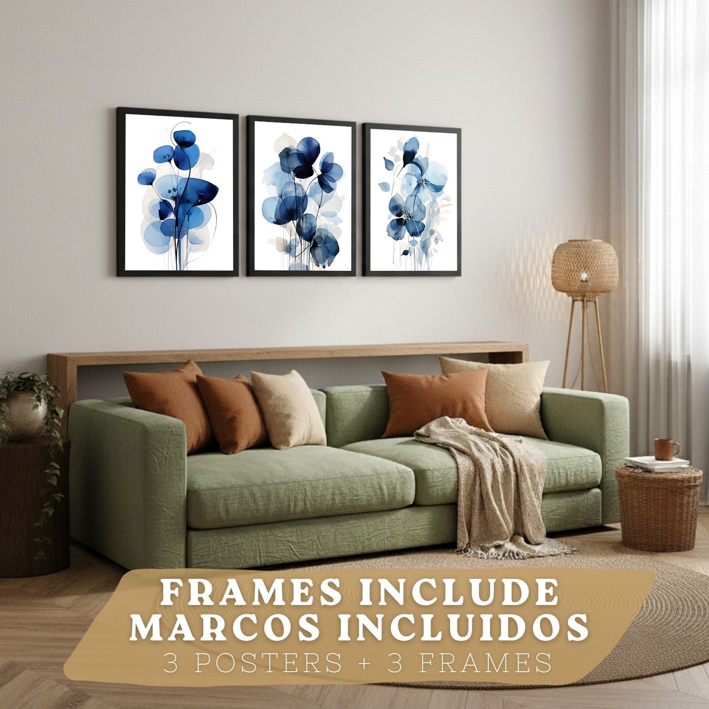 Juego de 3 laminas decorativas flores azules. Cuadros Salon modernos - Posters decorativos Botanico campestre. Decoración Dormitorios.