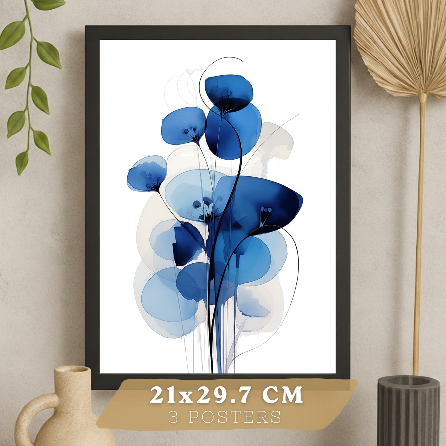 Juego de 3 laminas decorativas flores azules. Cuadros Salon modernos - Posters decorativos Botanico campestre. Decoración Dormitorios.