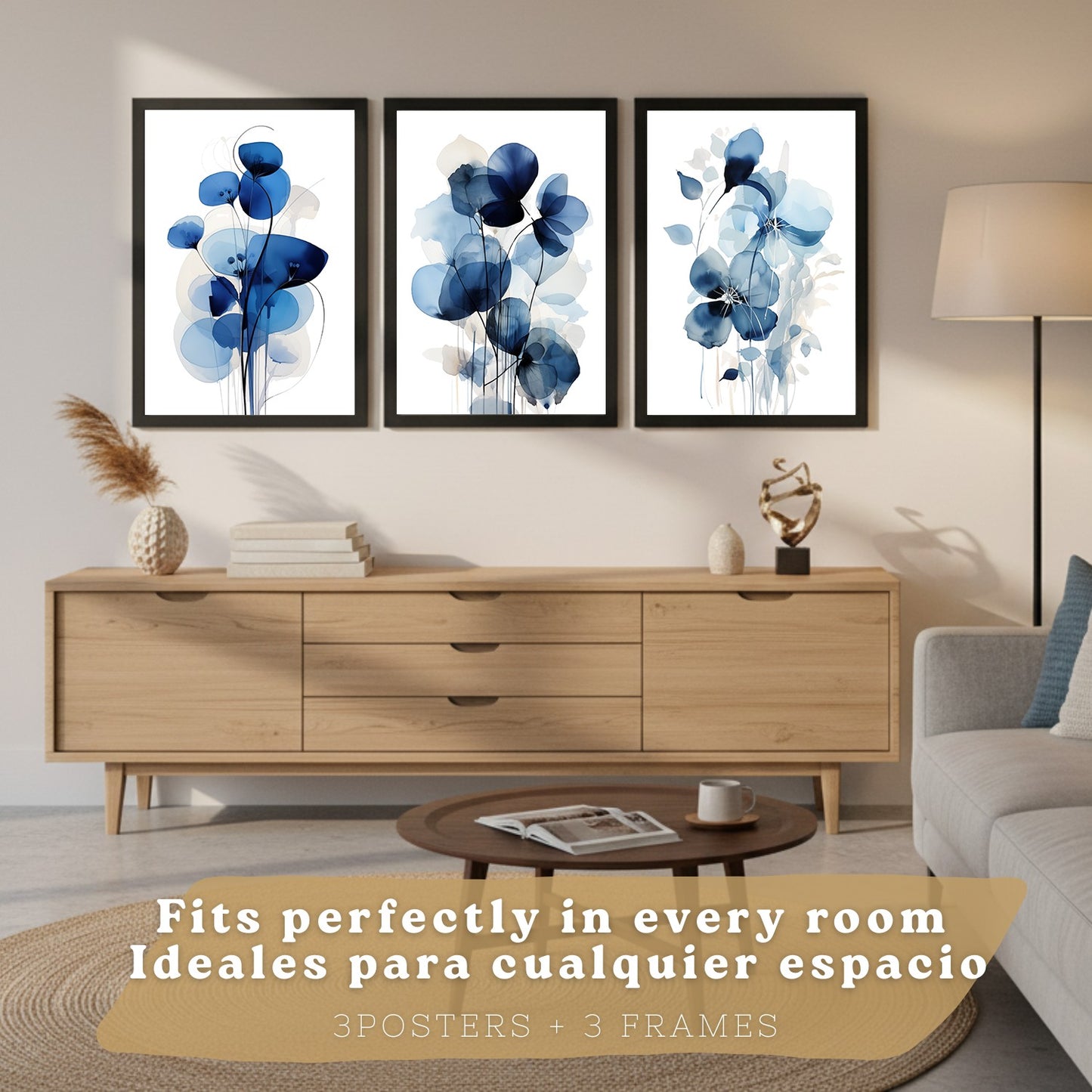 Juego de 3 laminas decorativas flores azules. Cuadros Salon modernos - Posters decorativos Botanico campestre. Decoración Dormitorios.