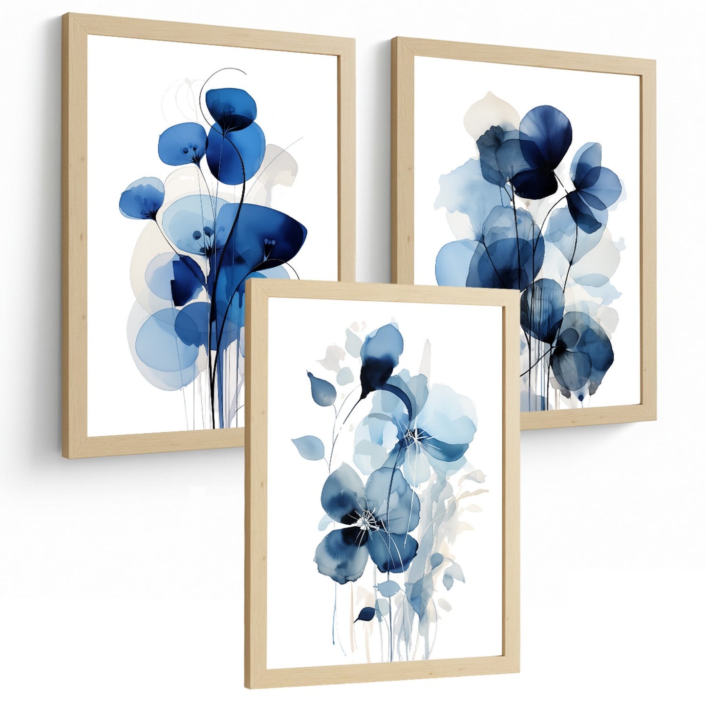 Juego de 3 laminas decorativas flores azules. Cuadros Salon modernos - Posters decorativos Botanico campestre. Decoración Dormitorios.