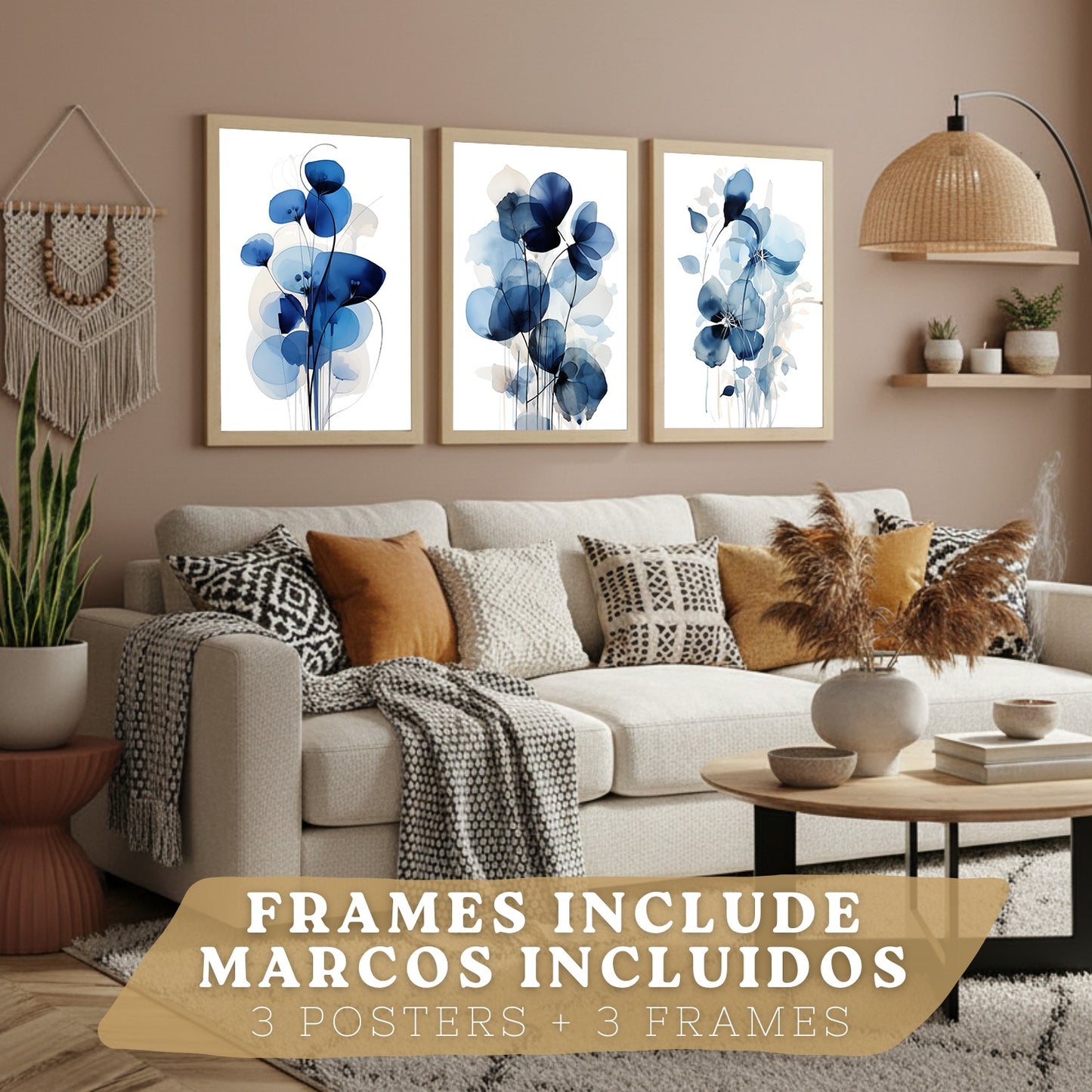 Juego de 3 laminas decorativas flores azules. Cuadros Salon modernos - Posters decorativos Botanico campestre. Decoración Dormitorios.
