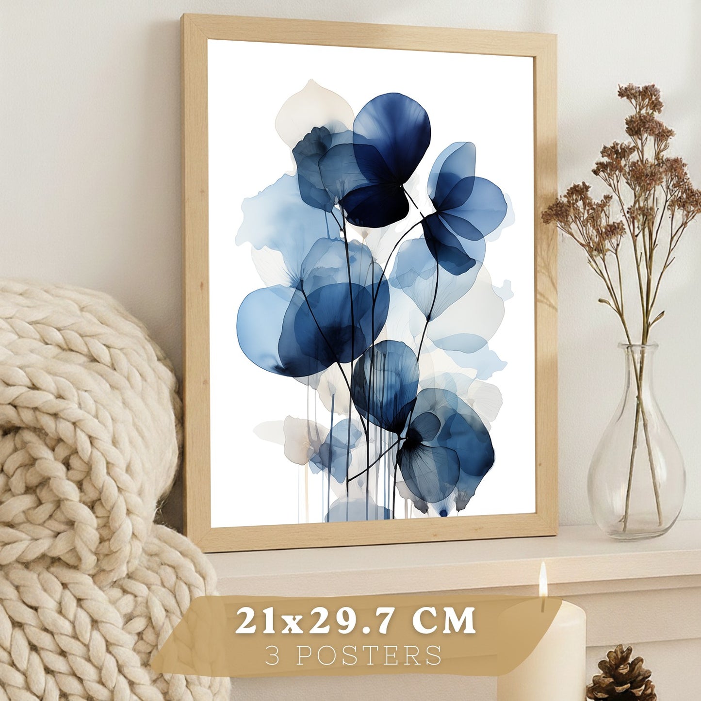 Juego de 3 laminas decorativas flores azules. Cuadros Salon modernos - Posters decorativos Botanico campestre. Decoración Dormitorios.
