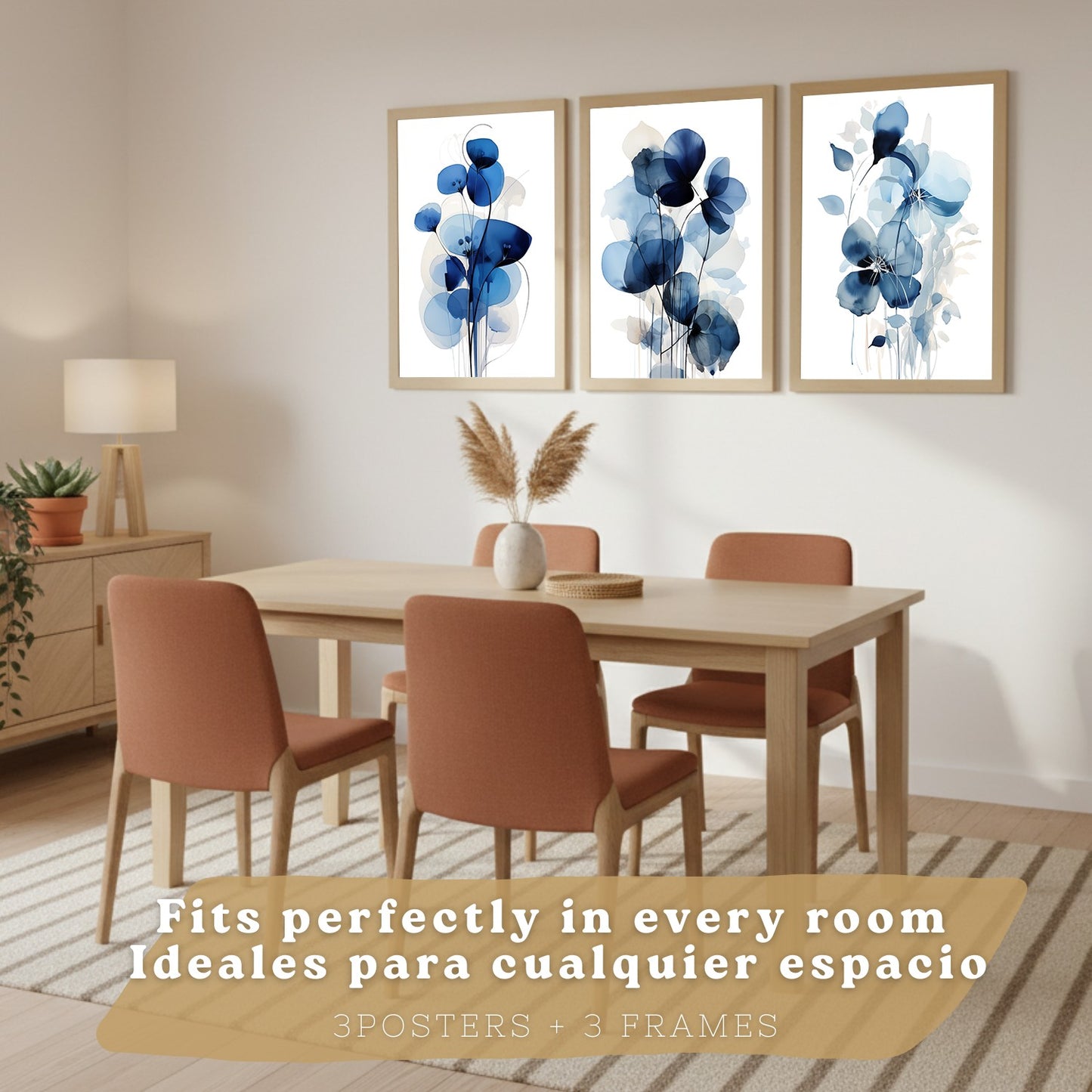 Juego de 3 laminas decorativas flores azules. Cuadros Salon modernos - Posters decorativos Botanico campestre. Decoración Dormitorios.