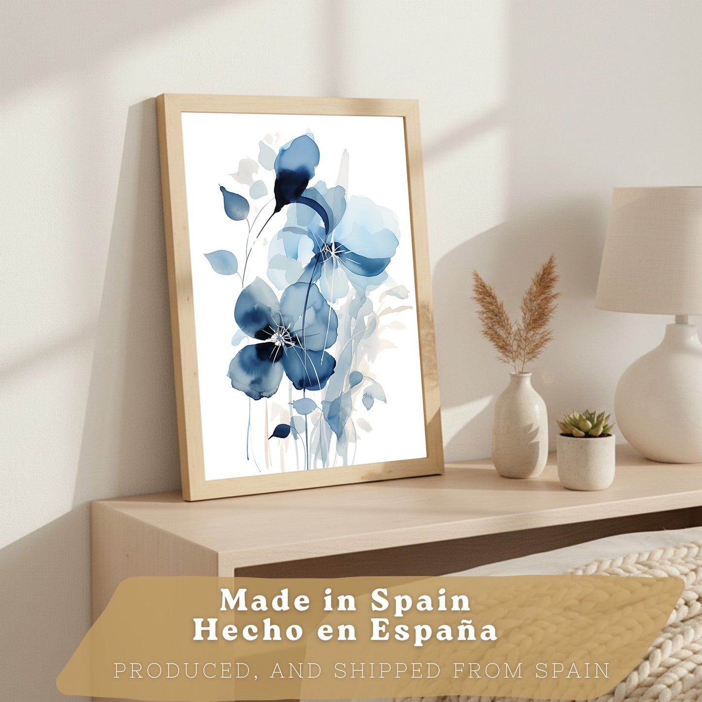Juego de 3 laminas decorativas flores azules. Cuadros Salon modernos - Posters decorativos Botanico campestre. Decoración Dormitorios.