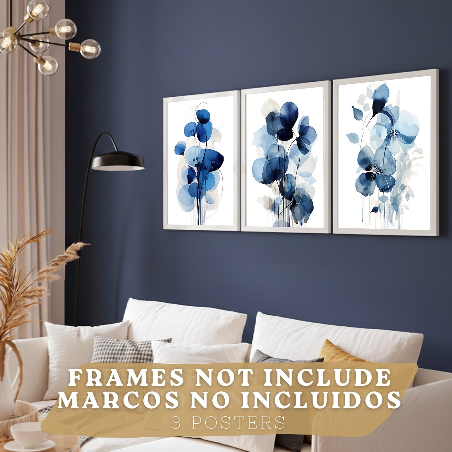 Juego de 3 laminas decorativas flores azules. Cuadros Salon modernos - Posters decorativos Botanico campestre. Decoración Dormitorios.