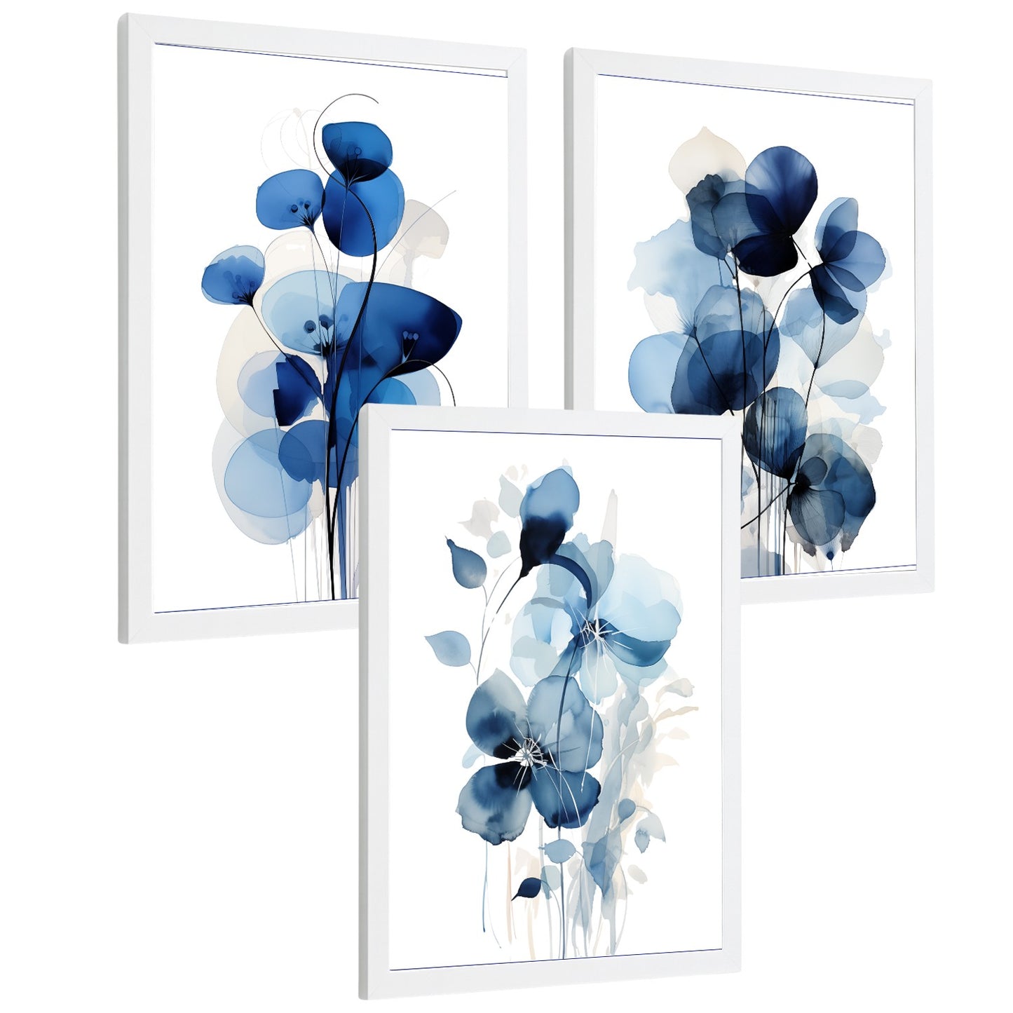 Juego de 3 laminas decorativas flores azules. Cuadros Salon modernos - Posters decorativos Botanico campestre. Decoración Dormitorios.