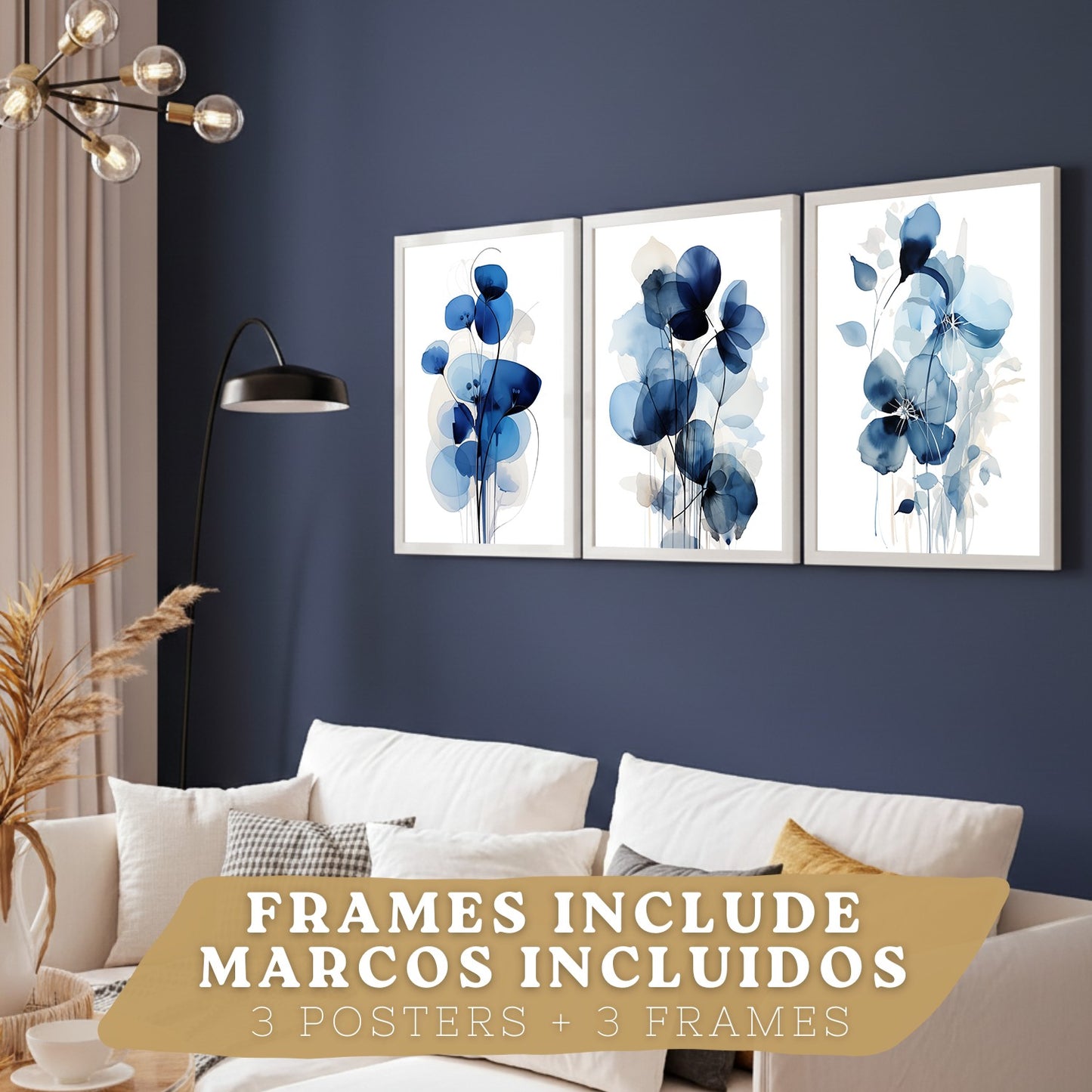 Juego de 3 laminas decorativas flores azules. Cuadros Salon modernos - Posters decorativos Botanico campestre. Decoración Dormitorios.