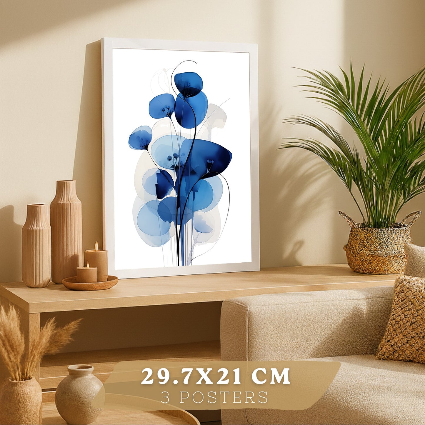 Juego de 3 laminas decorativas flores azules. Cuadros Salon modernos - Posters decorativos Botanico campestre. Decoración Dormitorios.