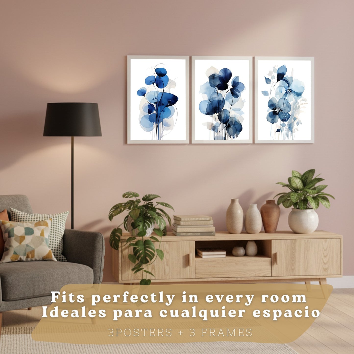 Juego de 3 laminas decorativas flores azules. Cuadros Salon modernos - Posters decorativos Botanico campestre. Decoración Dormitorios.