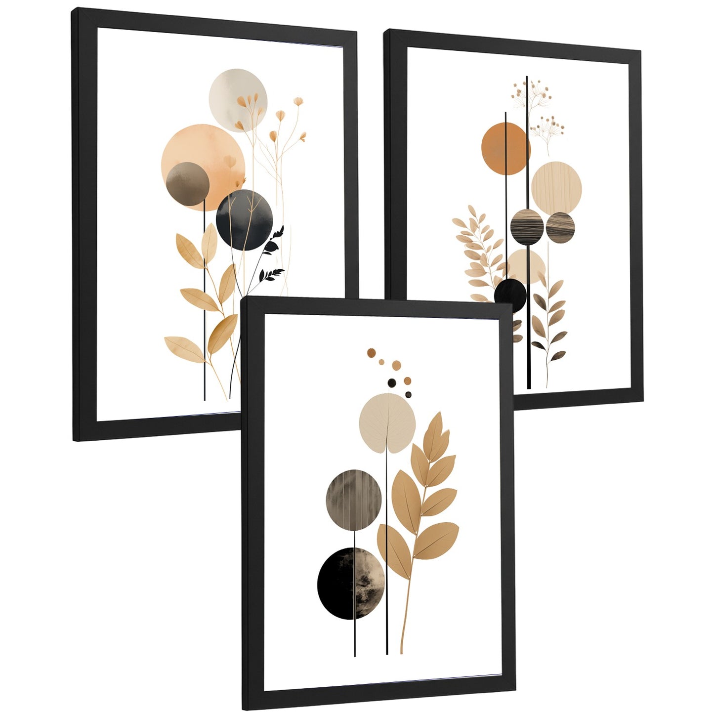 Set de 3 laminas decorativas Flores Geometricas Cuadros Salon modernos - Posters decorativos Tono marron y negro. Decoración Dormitorios.