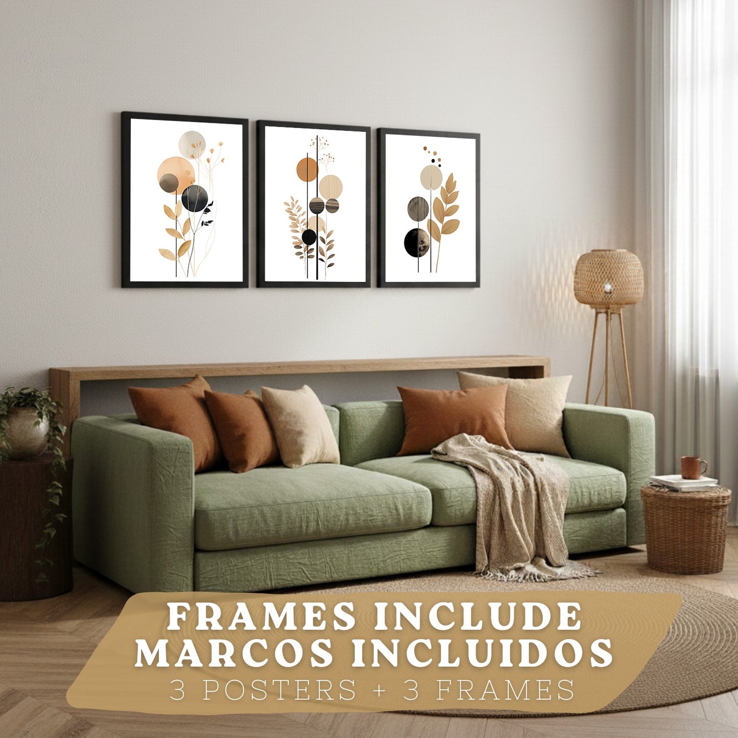 Set de 3 laminas decorativas Flores Geometricas Cuadros Salon modernos - Posters decorativos Tono marron y negro. Decoración Dormitorios.