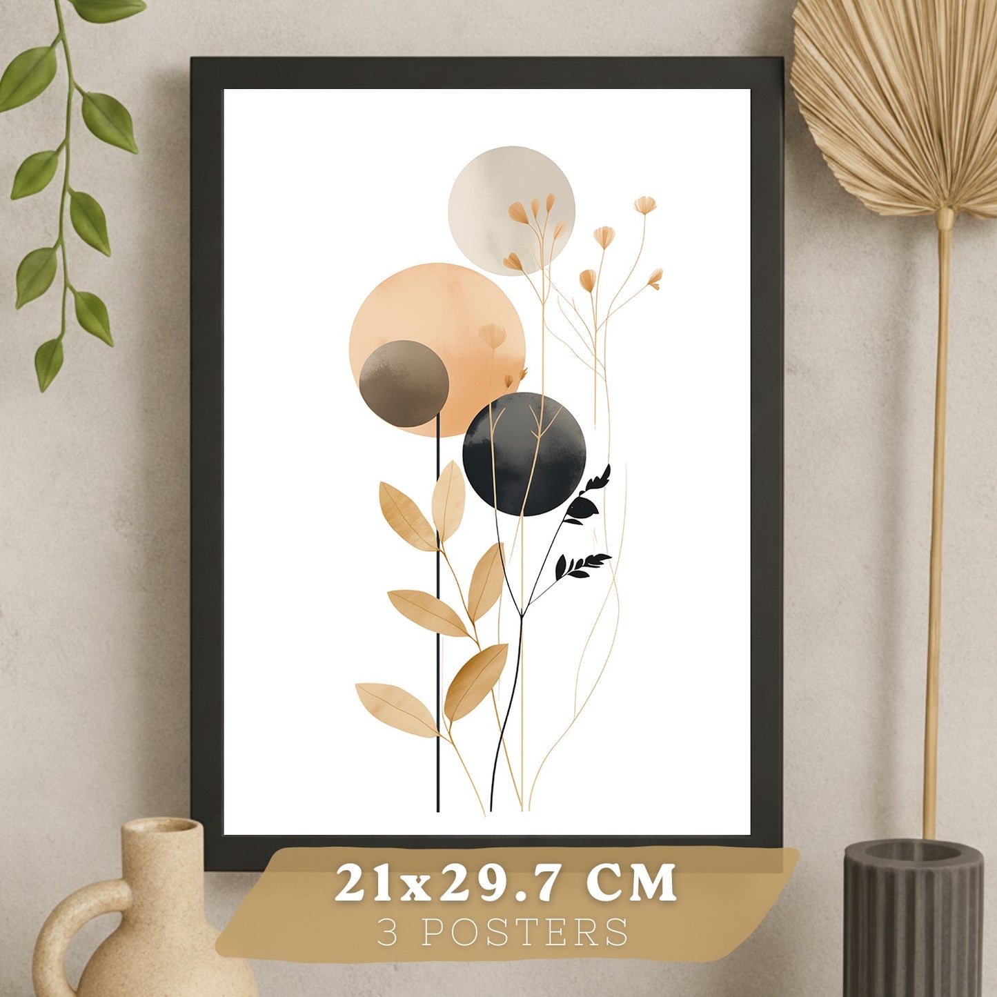 Set de 3 laminas decorativas Flores Geometricas Cuadros Salon modernos - Posters decorativos Tono marron y negro. Decoración Dormitorios.