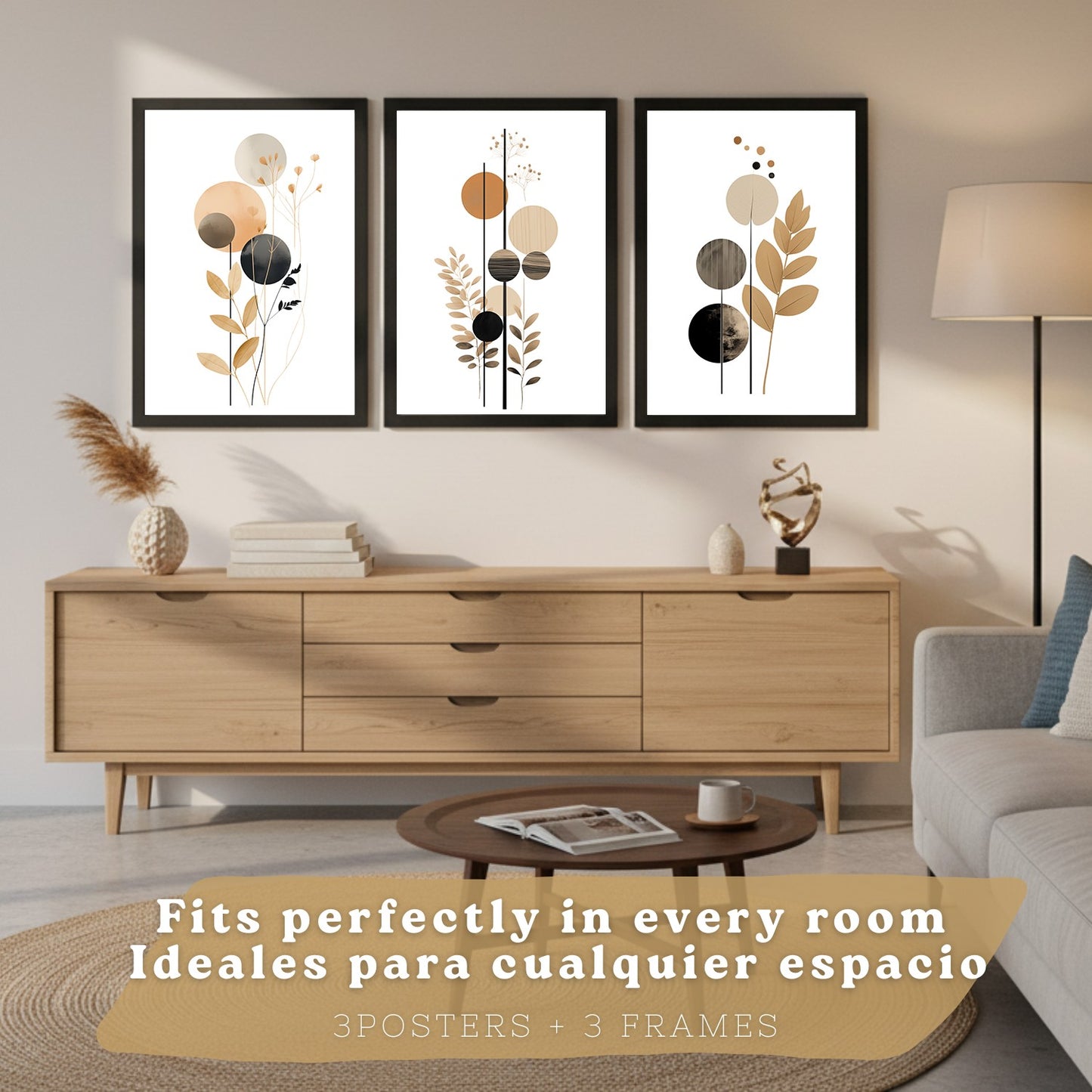 Set de 3 laminas decorativas Flores Geometricas Cuadros Salon modernos - Posters decorativos Tono marron y negro. Decoración Dormitorios.