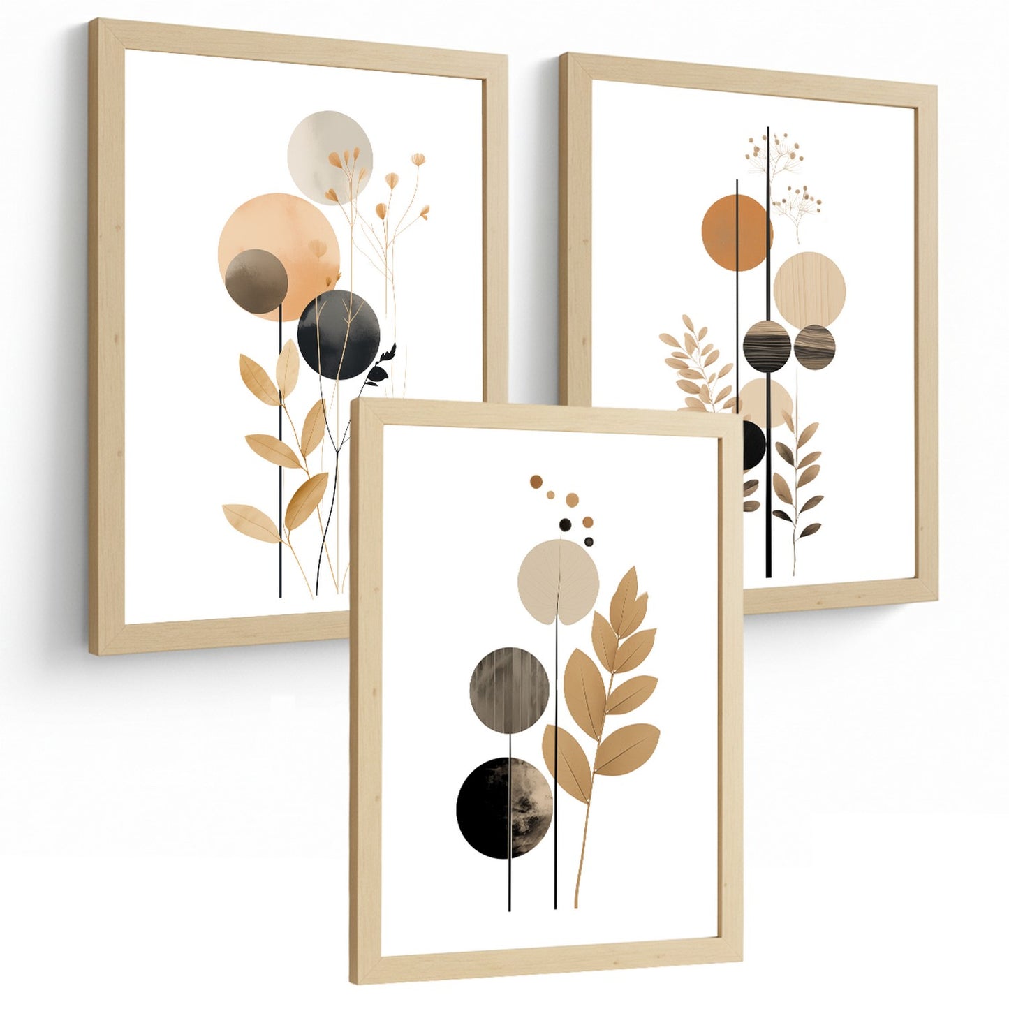 Set de 3 laminas decorativas Flores Geometricas Cuadros Salon modernos - Posters decorativos Tono marron y negro. Decoración Dormitorios.