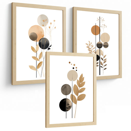 Set de 3 laminas decorativas Flores Geometricas Cuadros Salon modernos - Posters decorativos Tono marron y negro. Decoración Dormitorios.