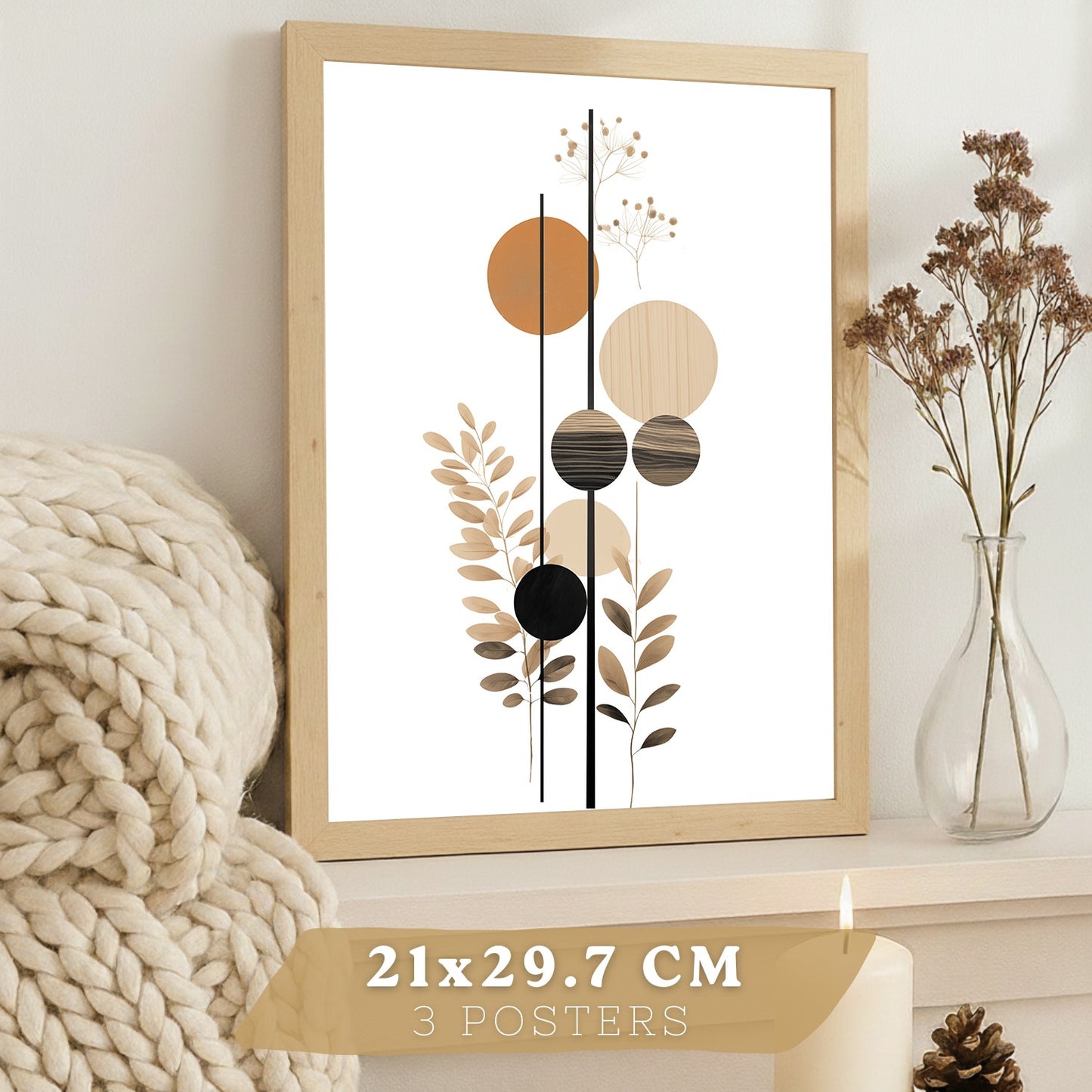 Set de 3 laminas decorativas Flores Geometricas Cuadros Salon modernos - Posters decorativos Tono marron y negro. Decoración Dormitorios.