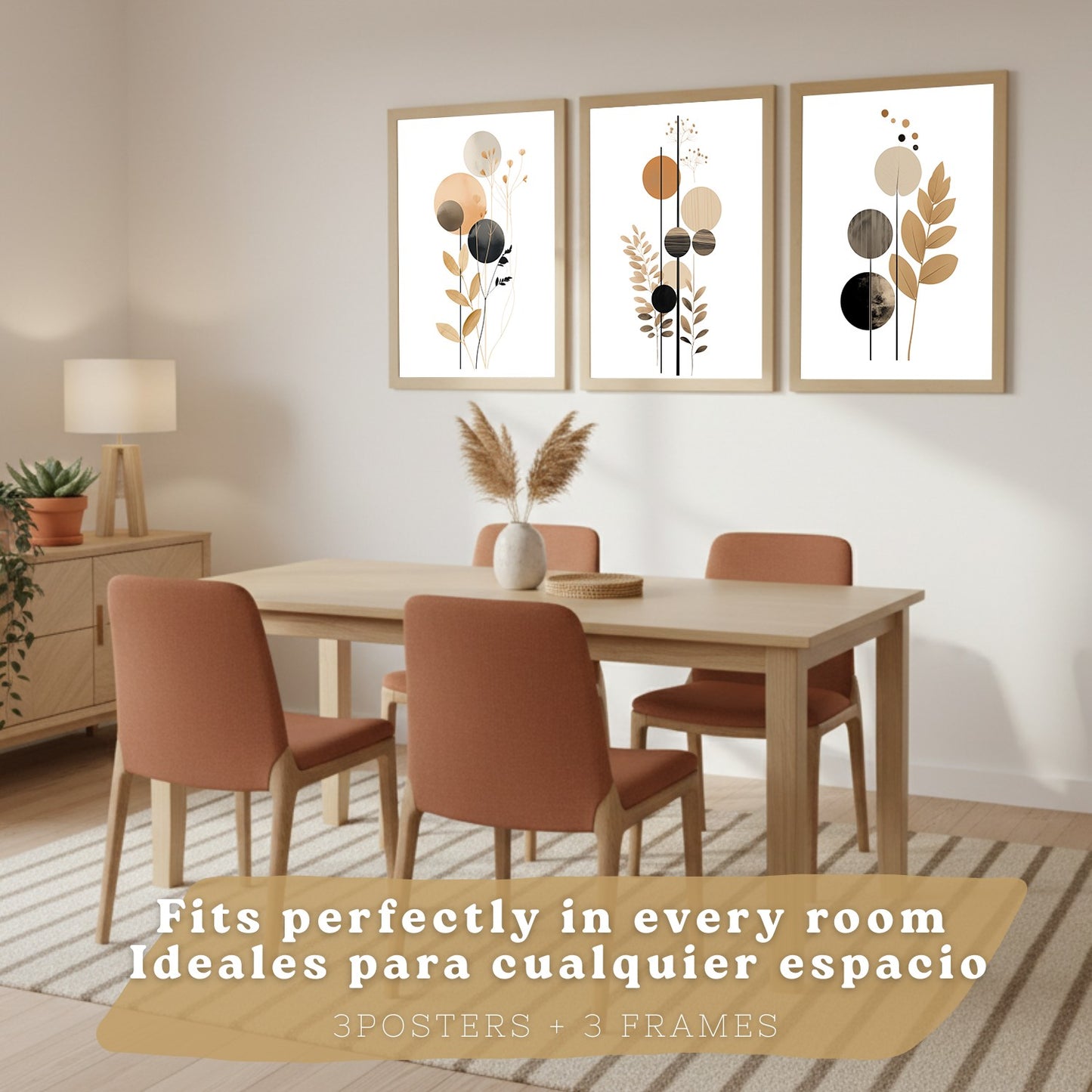 Set de 3 laminas decorativas Flores Geometricas Cuadros Salon modernos - Posters decorativos Tono marron y negro. Decoración Dormitorios.