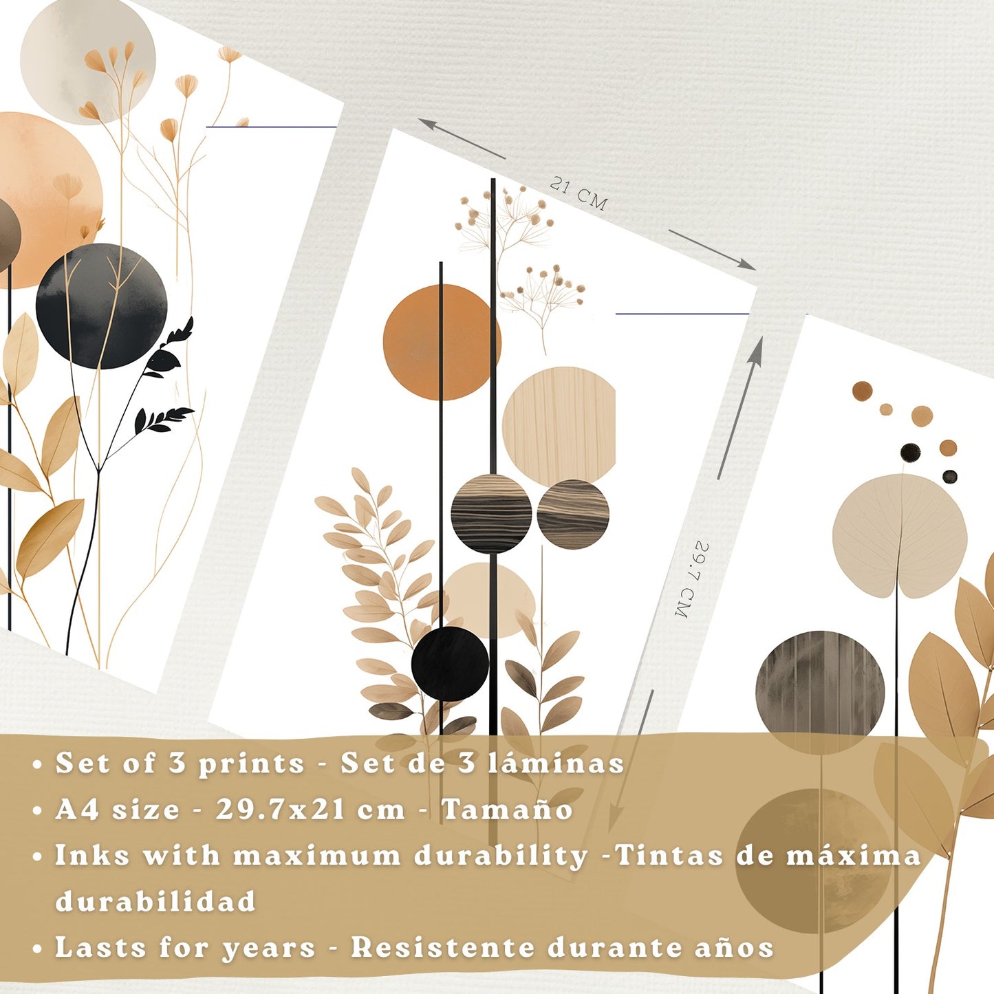 Set de 3 laminas decorativas Flores Geometricas Cuadros Salon modernos - Posters decorativos Tono marron y negro. Decoración Dormitorios.