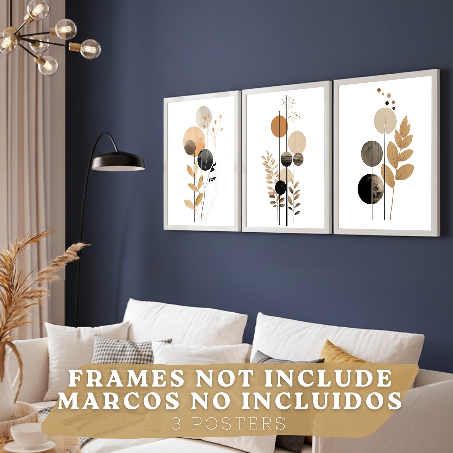 Set de 3 laminas decorativas Flores Geometricas Cuadros Salon modernos - Posters decorativos Tono marron y negro. Decoración Dormitorios.