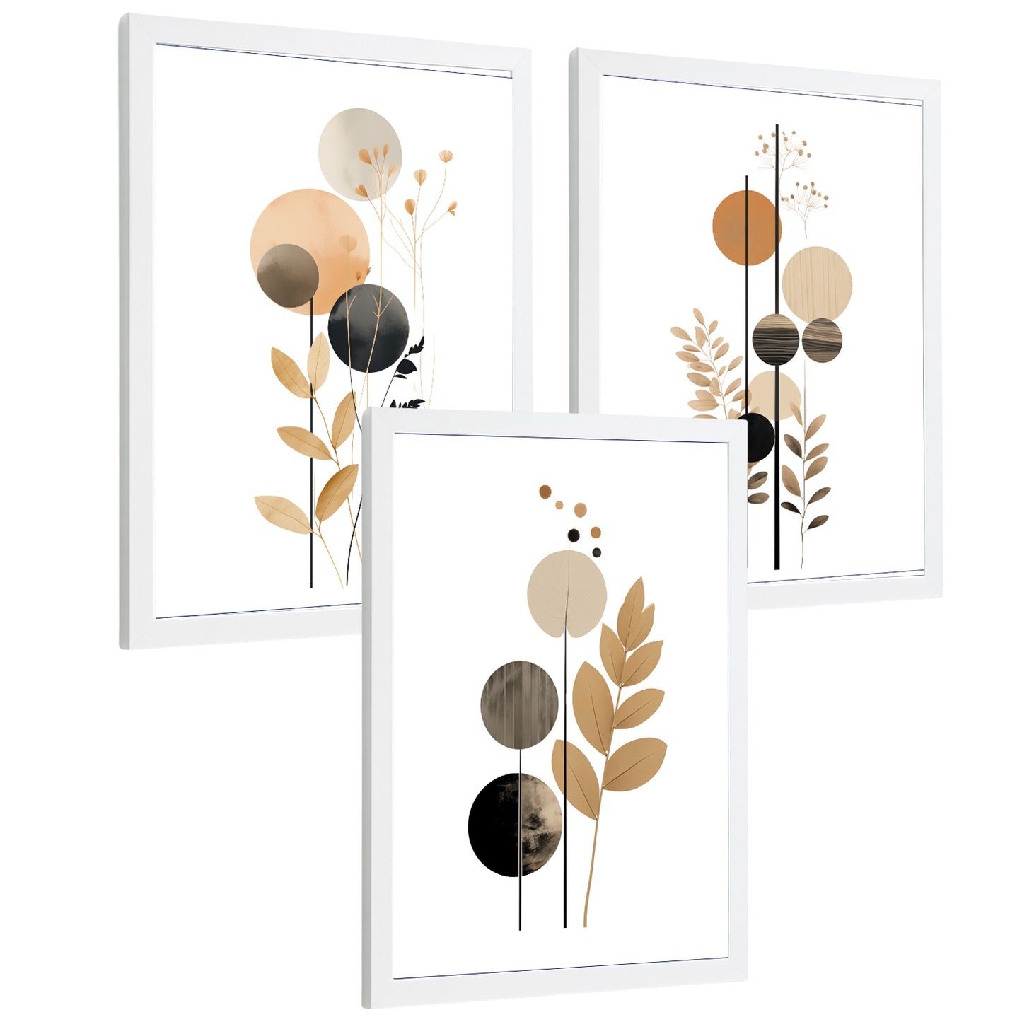 Set de 3 laminas decorativas Flores Geometricas Cuadros Salon modernos - Posters decorativos Tono marron y negro. Decoración Dormitorios.