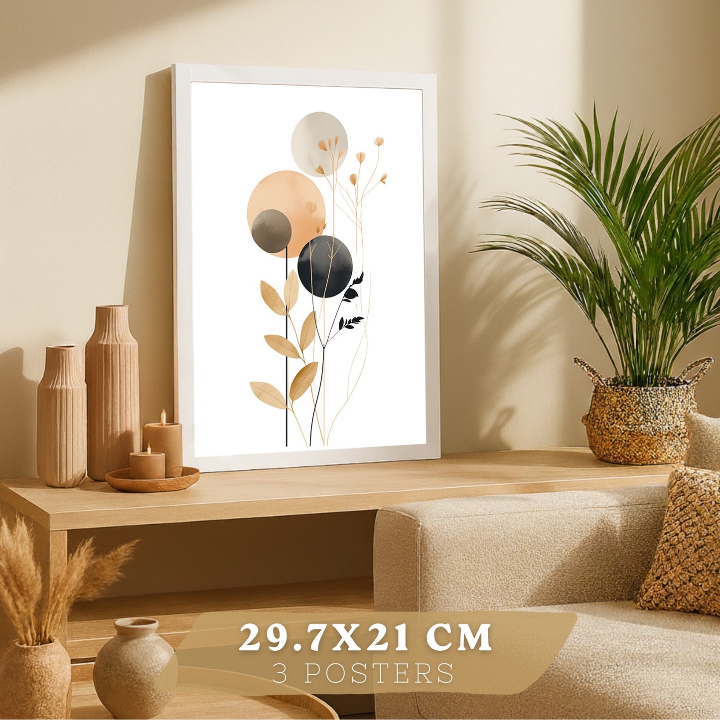 Set de 3 laminas decorativas Flores Geometricas Cuadros Salon modernos - Posters decorativos Tono marron y negro. Decoración Dormitorios.