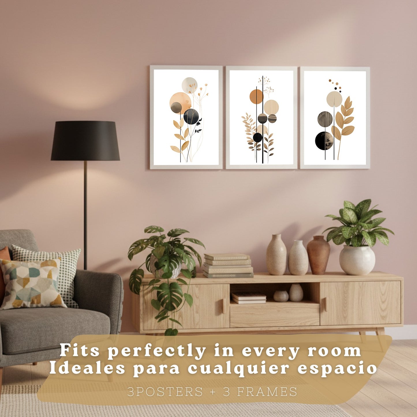 Set de 3 laminas decorativas Flores Geometricas Cuadros Salon modernos - Posters decorativos Tono marron y negro. Decoración Dormitorios.