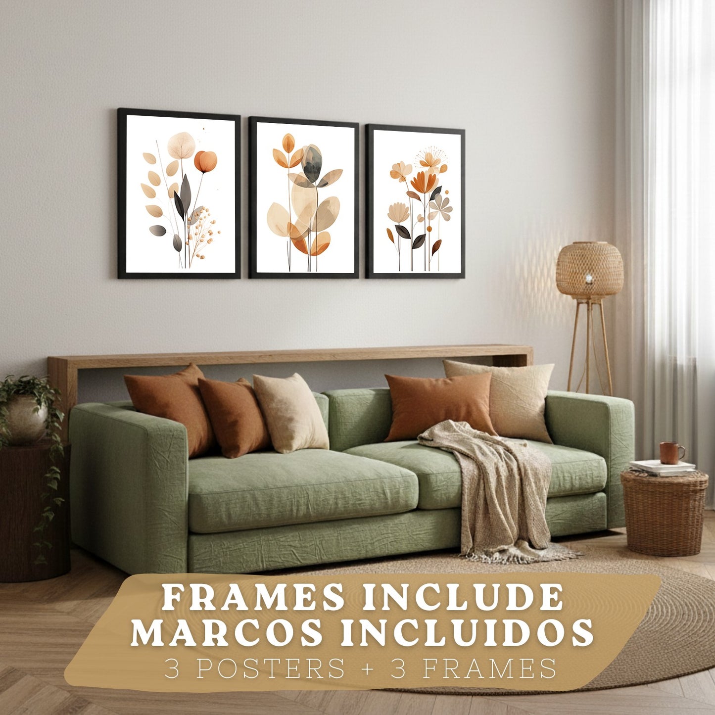 Set de 3 laminas decorativas Flores Naranjas Cuadros Salon modernos - Posters decorativos Tono naranja marron. Decoración Dormitorios.