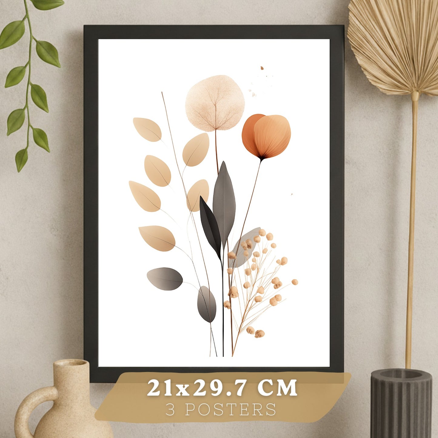 Set de 3 laminas decorativas Flores Naranjas Cuadros Salon modernos - Posters decorativos Tono naranja marron. Decoración Dormitorios.