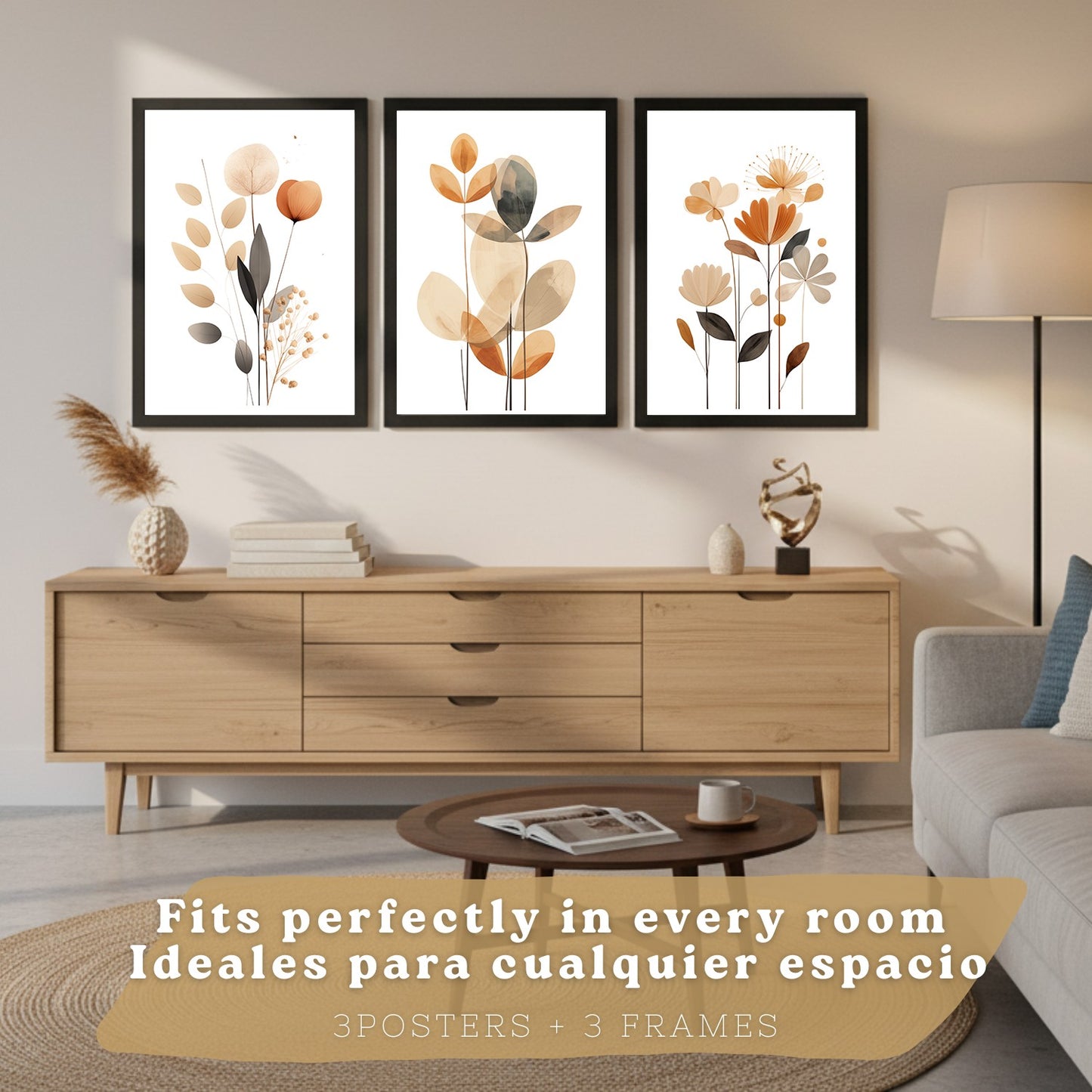 Set de 3 laminas decorativas Flores Naranjas Cuadros Salon modernos - Posters decorativos Tono naranja marron. Decoración Dormitorios.