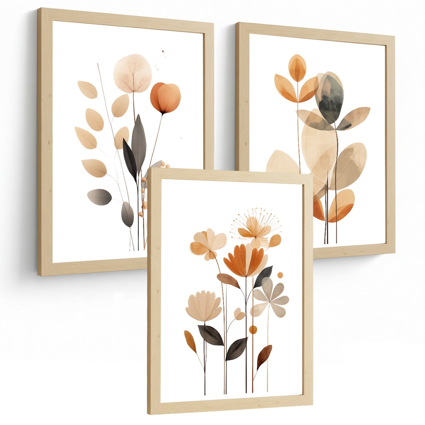 Set de 3 laminas decorativas Flores Naranjas Cuadros Salon modernos - Posters decorativos Tono naranja marron. Decoración Dormitorios.