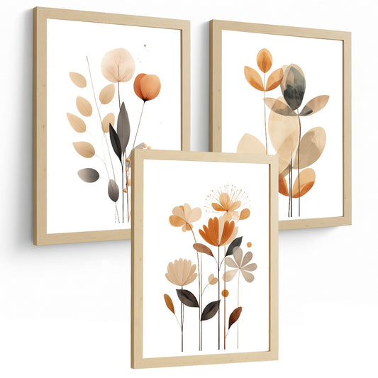 Set de 3 laminas decorativas Flores Naranjas Cuadros Salon modernos - Posters decorativos Tono naranja marron. Decoración Dormitorios.