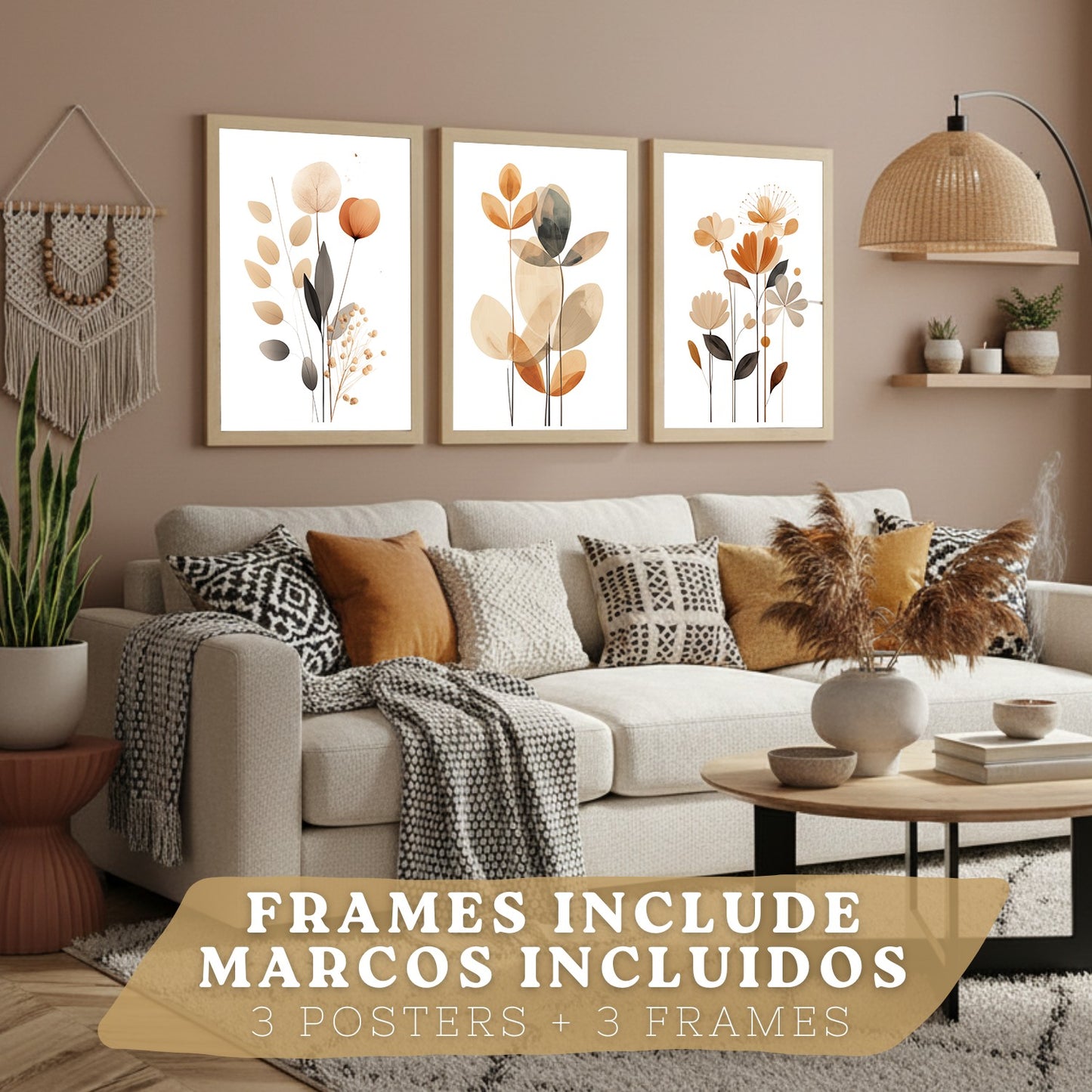 Set de 3 laminas decorativas Flores Naranjas Cuadros Salon modernos - Posters decorativos Tono naranja marron. Decoración Dormitorios.