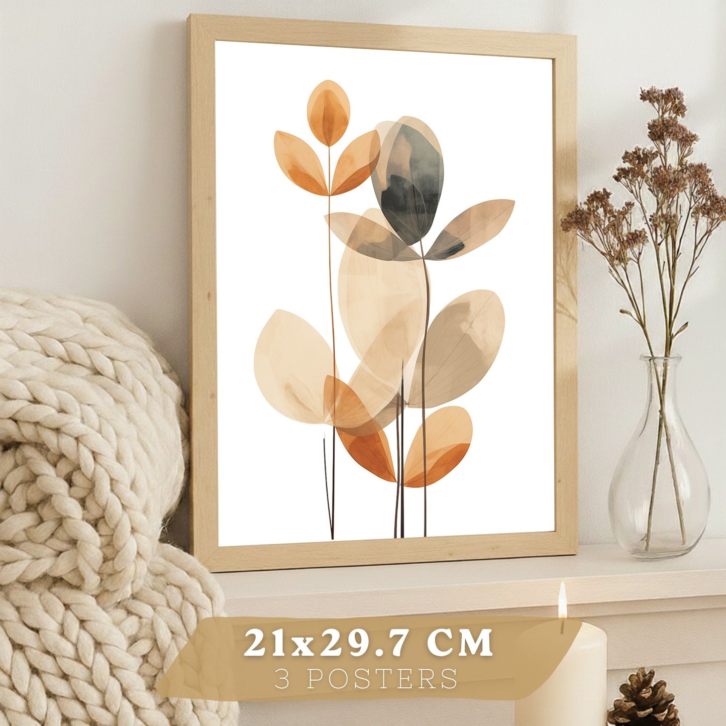 Set de 3 laminas decorativas Flores Naranjas Cuadros Salon modernos - Posters decorativos Tono naranja marron. Decoración Dormitorios.